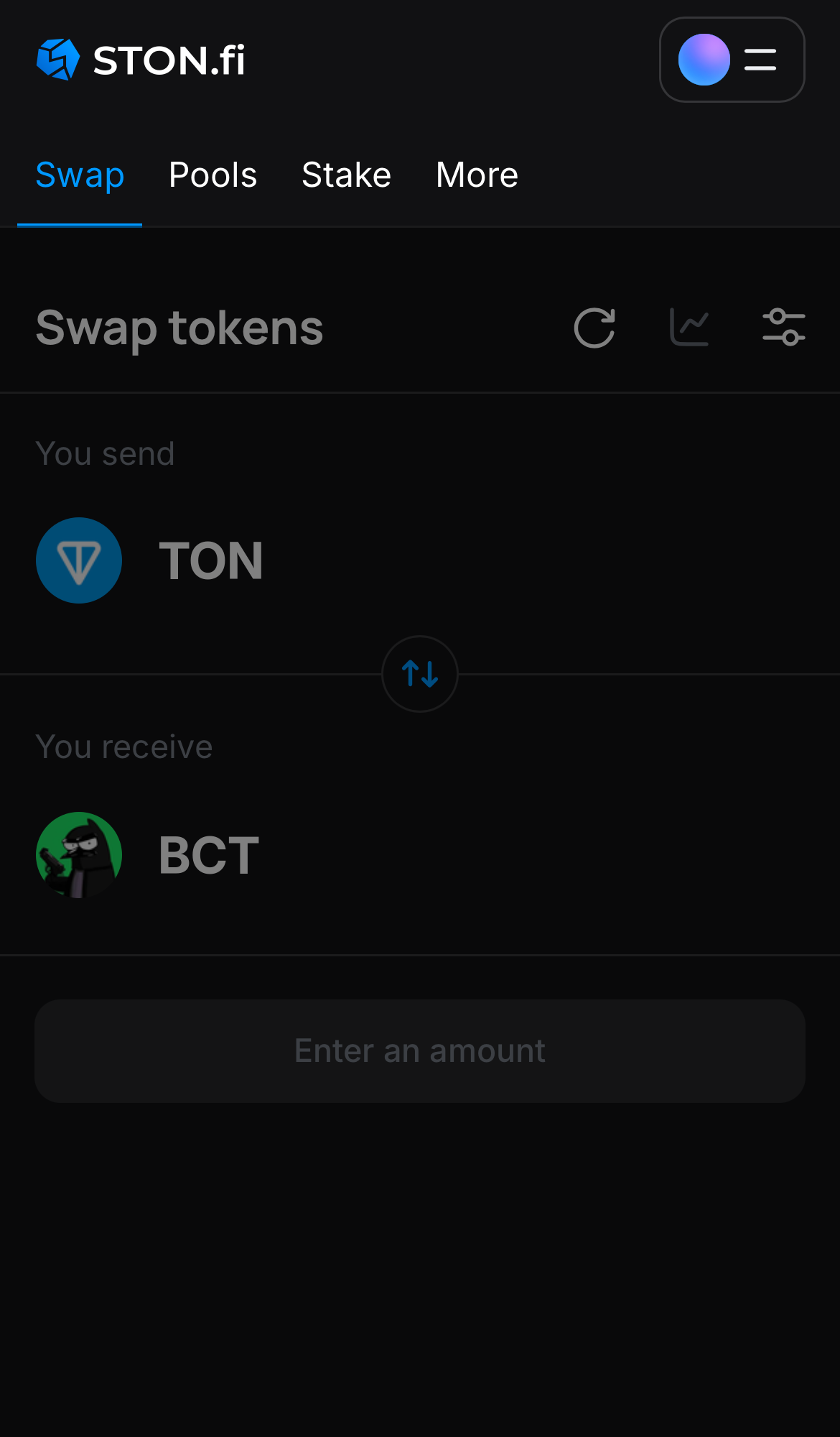 Open the STON.fi app and navigate to the ‘Swap‘ tab.