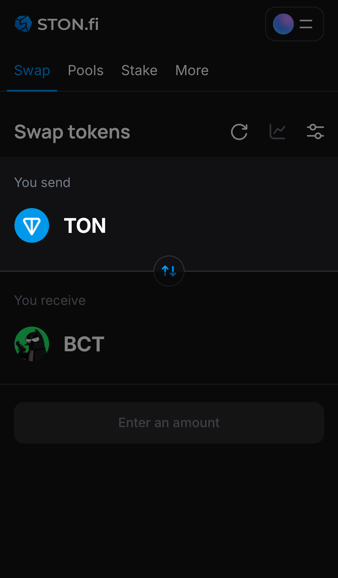 Choose a token in the ‘You send’ box — for example, TON.