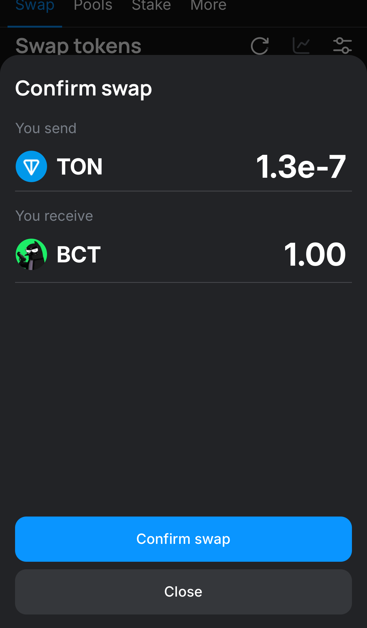 Click ‘Swap‘, double-check the details, and confirm the transaction by clicking the ‘Confirm swap‘ button.