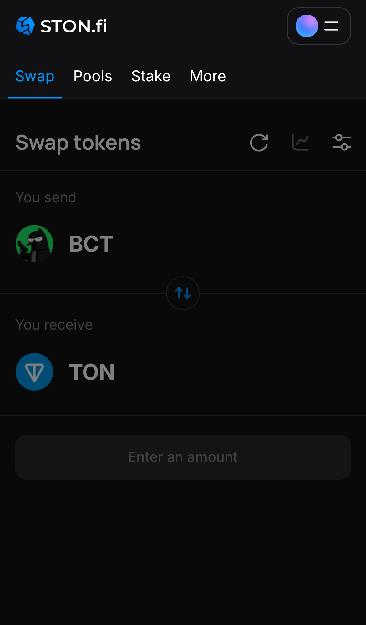 Open the STON.fi app and navigate to the ‘Swap‘ tab.