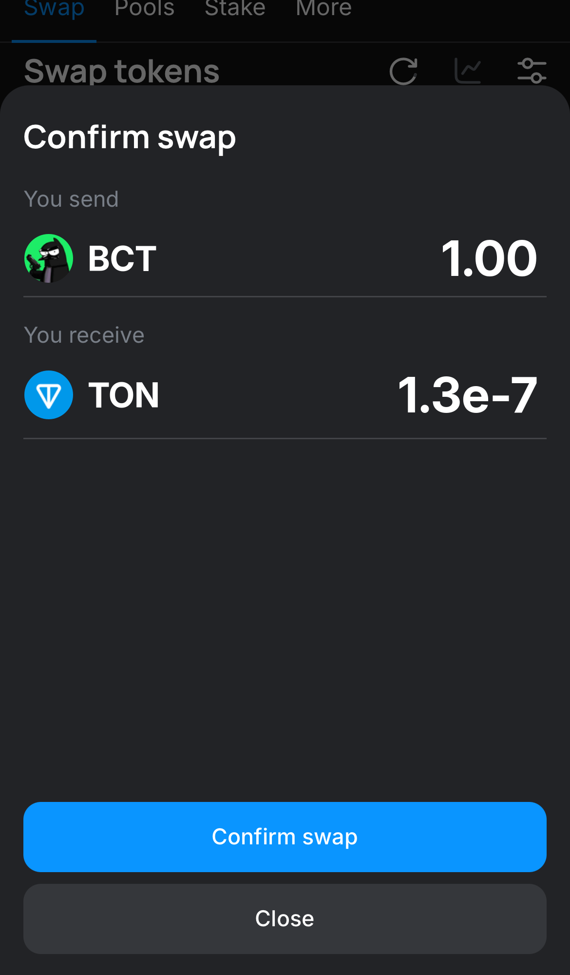 Click ‘Swap‘, double-check the details, and confirm the transaction by clicking the ‘Confirm swap‘ button.