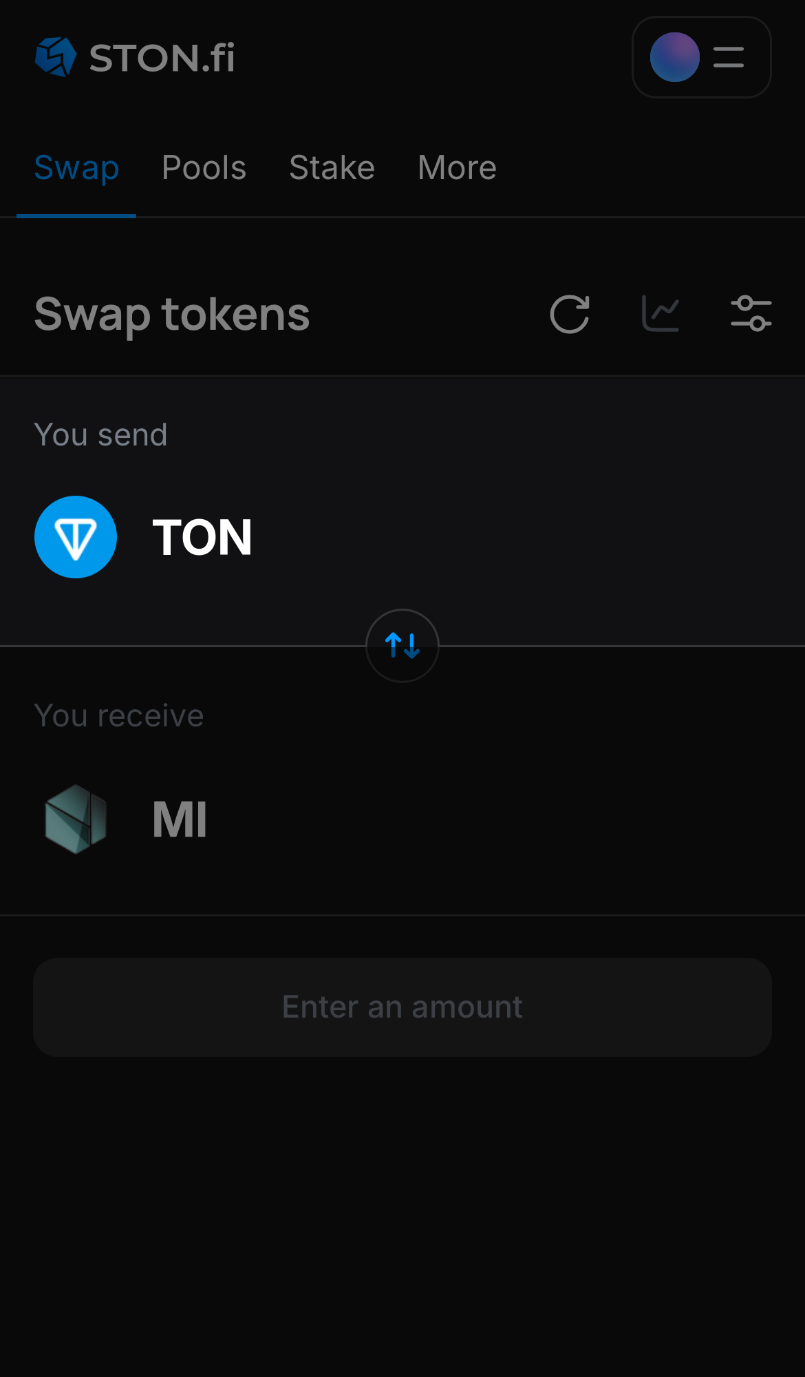 Elige un token en la casilla ‘You send’ — por ejemplo, TON.