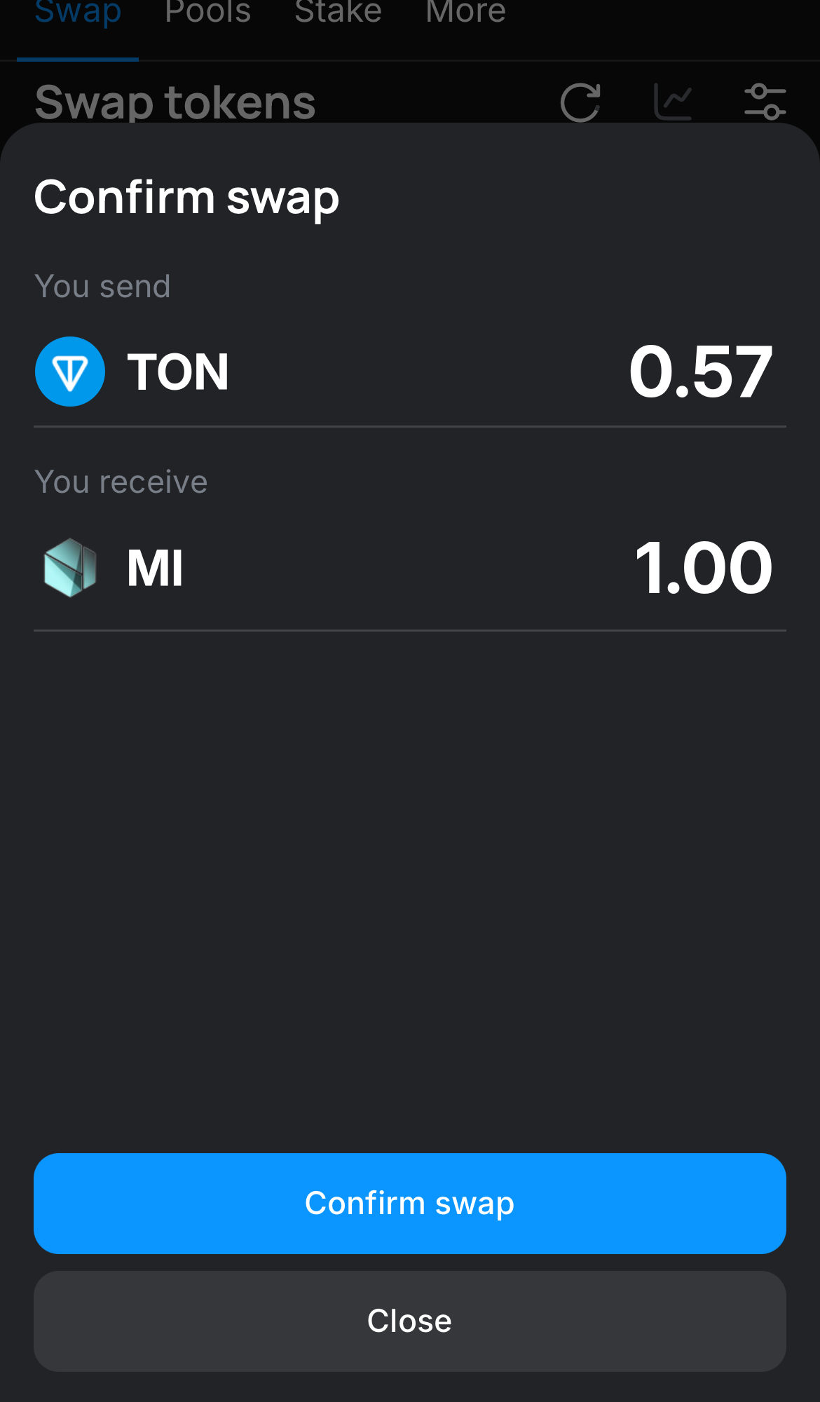 Haz clic en ‘Swap‘, revisa los detalles y confirma la transacción haciendo clic en el botón ‘Confirm swap‘.
