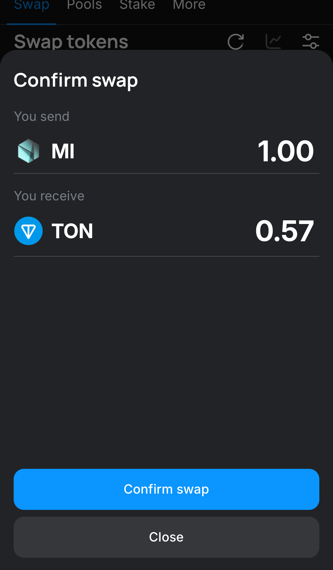 Haz clic en ‘Swap‘, revisa los detalles y confirma la transacción haciendo clic en el botón ‘Confirm swap‘.