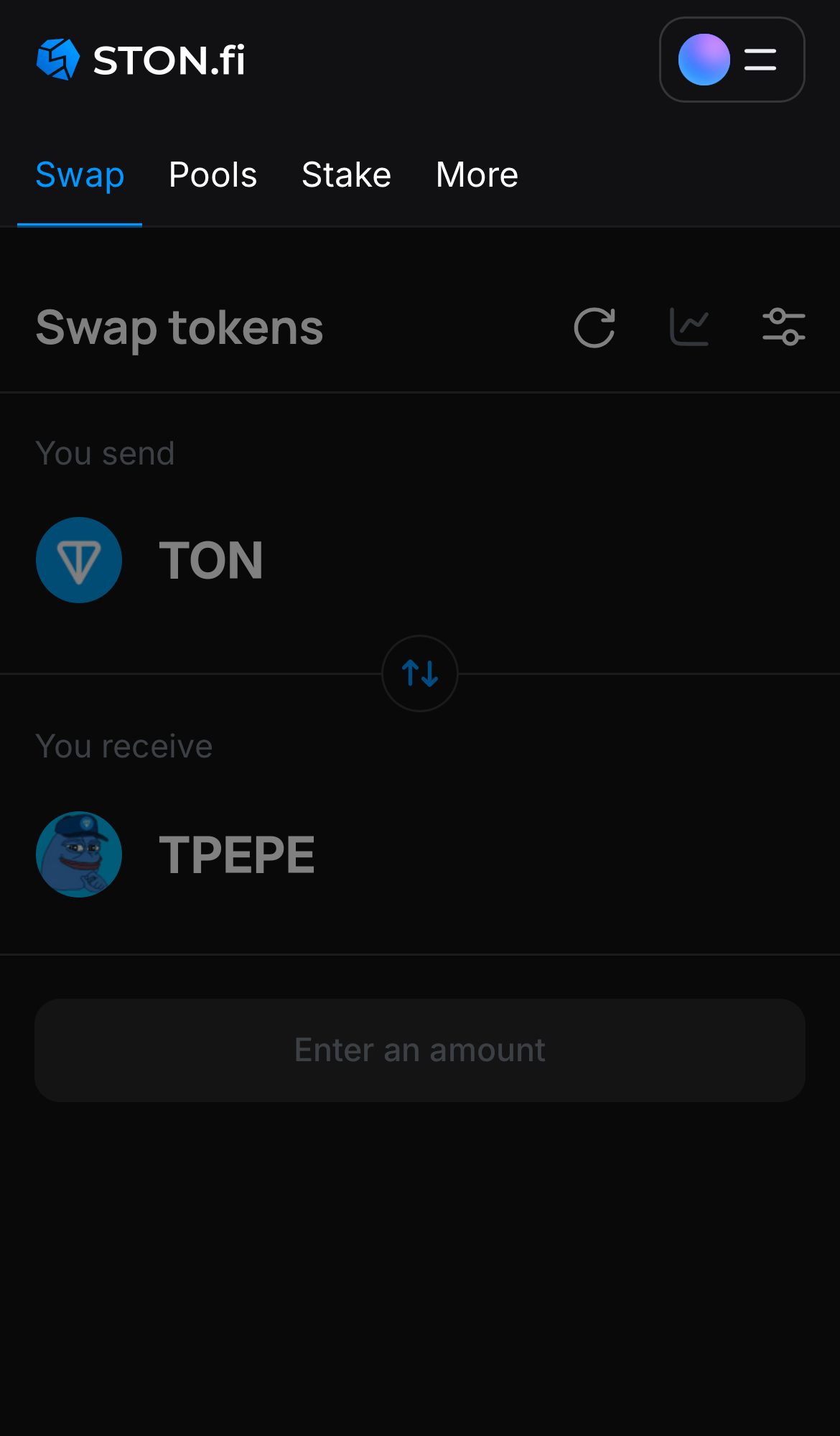 Open the STON.fi app and navigate to the ‘Swap‘ tab.