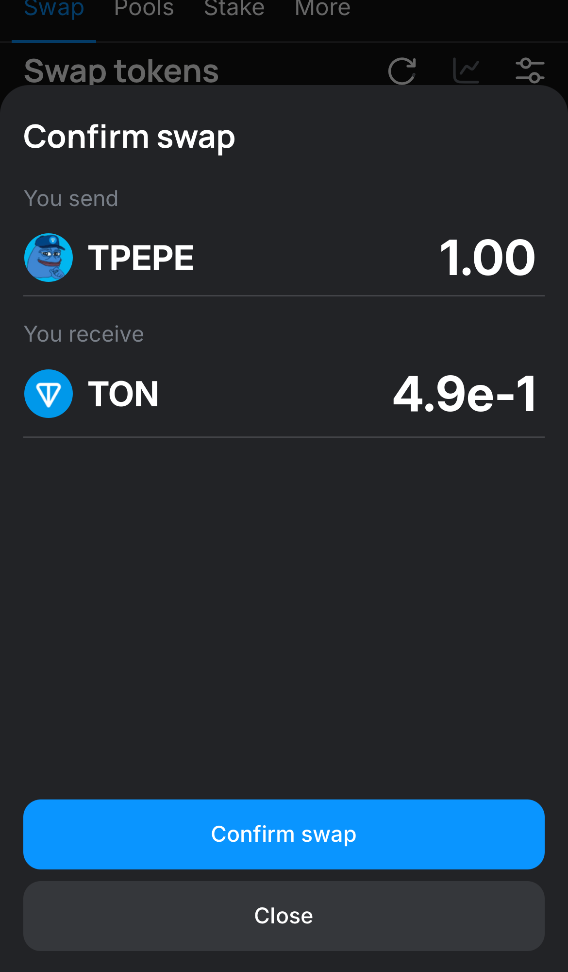 Click ‘Swap‘, double-check the details, and confirm the transaction by clicking the ‘Confirm swap‘ button.