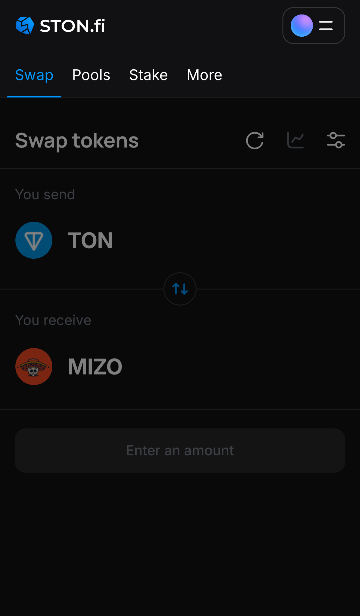 افتح تطبيق STON.fi واذهب إلى تبويب "Swap".