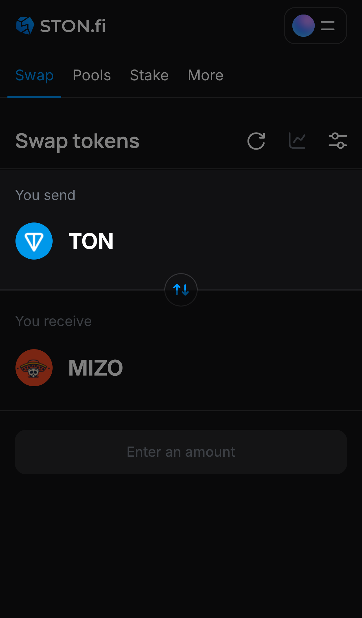 اختر رمزًا في مربع "You send" — على سبيل المثال، TON.