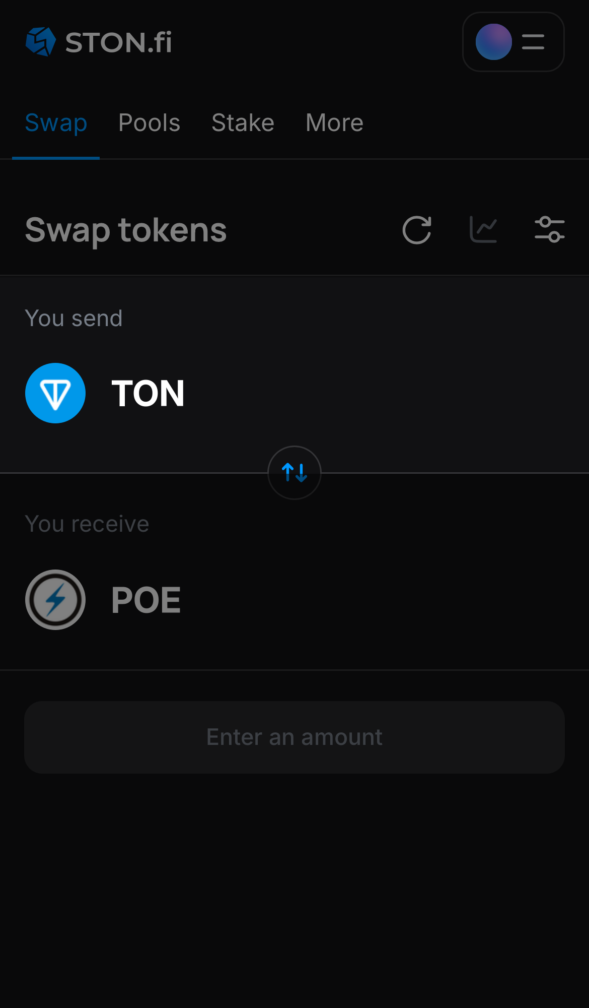 Choose a token in the ‘You send’ box — for example, TON.