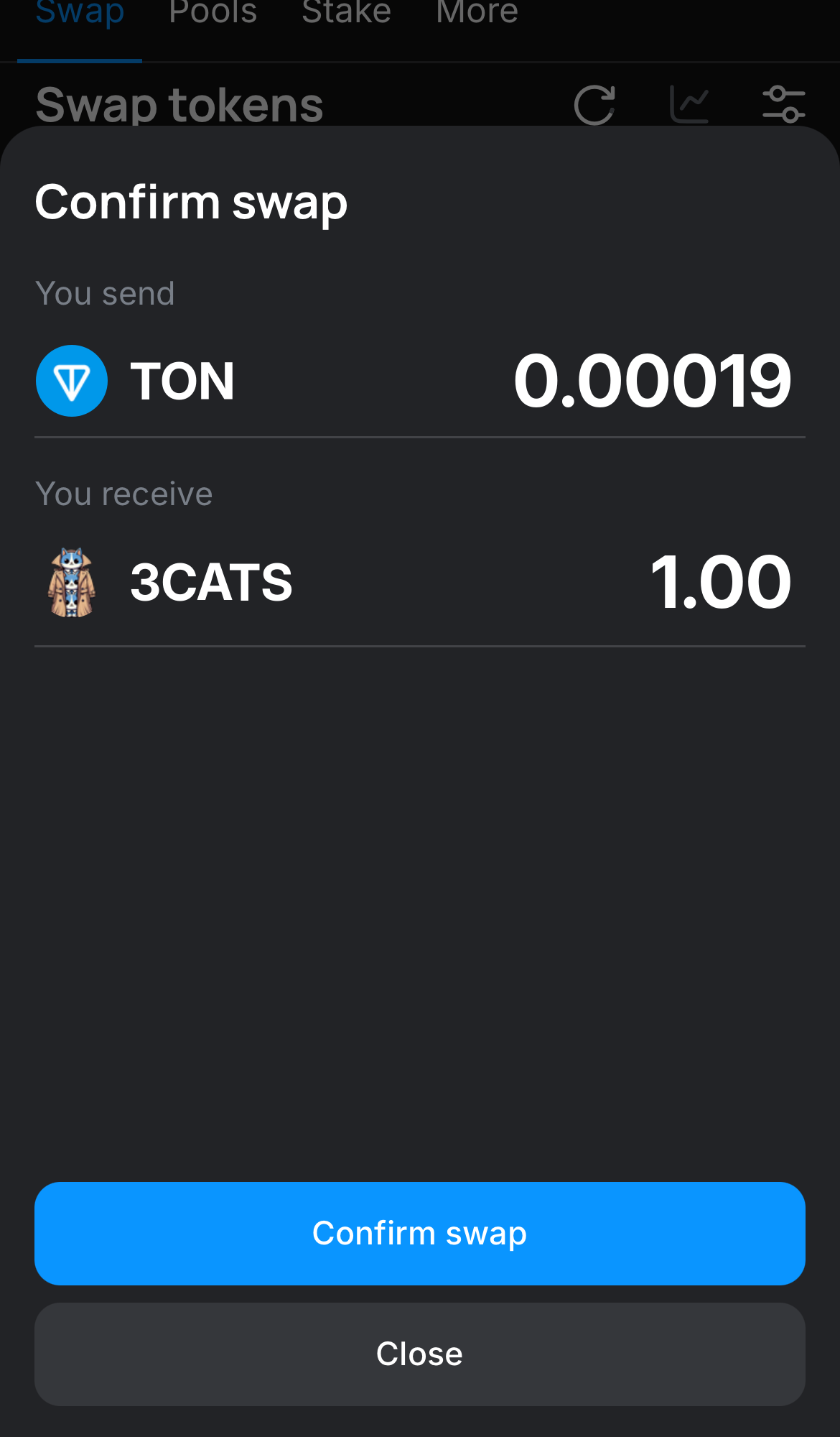 Click ‘Swap‘, double-check the details, and confirm the transaction by clicking the ‘Confirm swap‘ button.