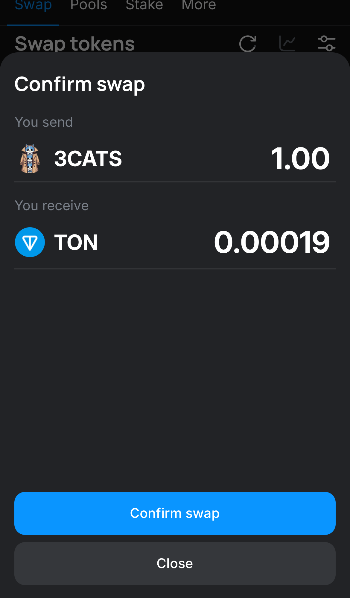 Click ‘Swap‘, double-check the details, and confirm the transaction by clicking the ‘Confirm swap‘ button.
