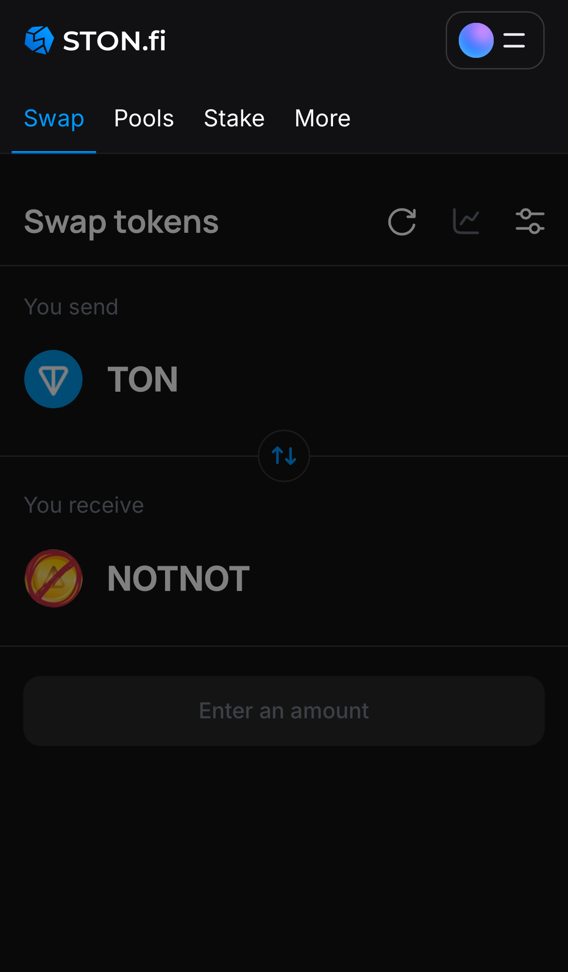 Open the STON.fi app and navigate to the ‘Swap‘ tab.