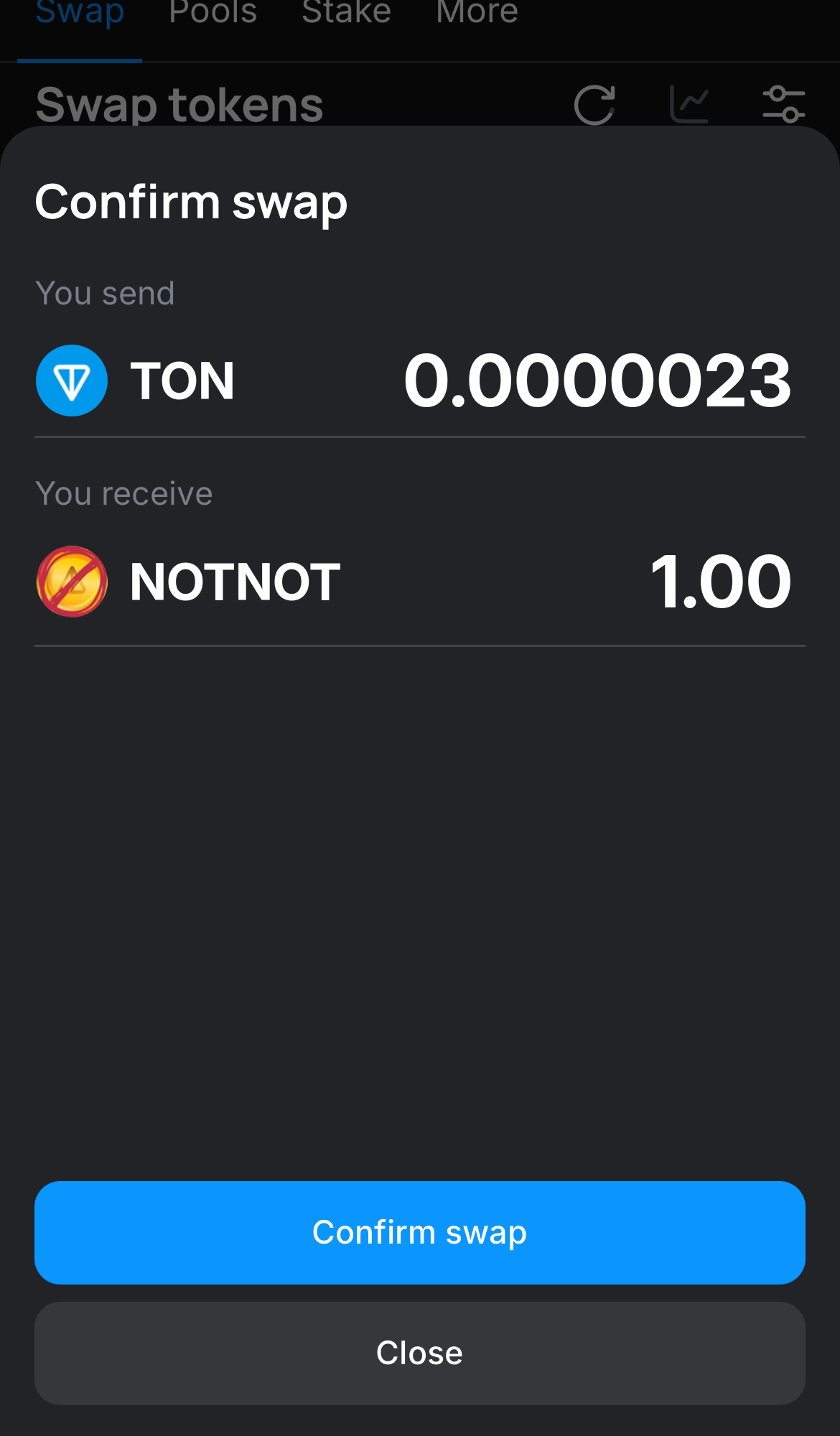 Click ‘Swap‘, double-check the details, and confirm the transaction by clicking the ‘Confirm swap‘ button.