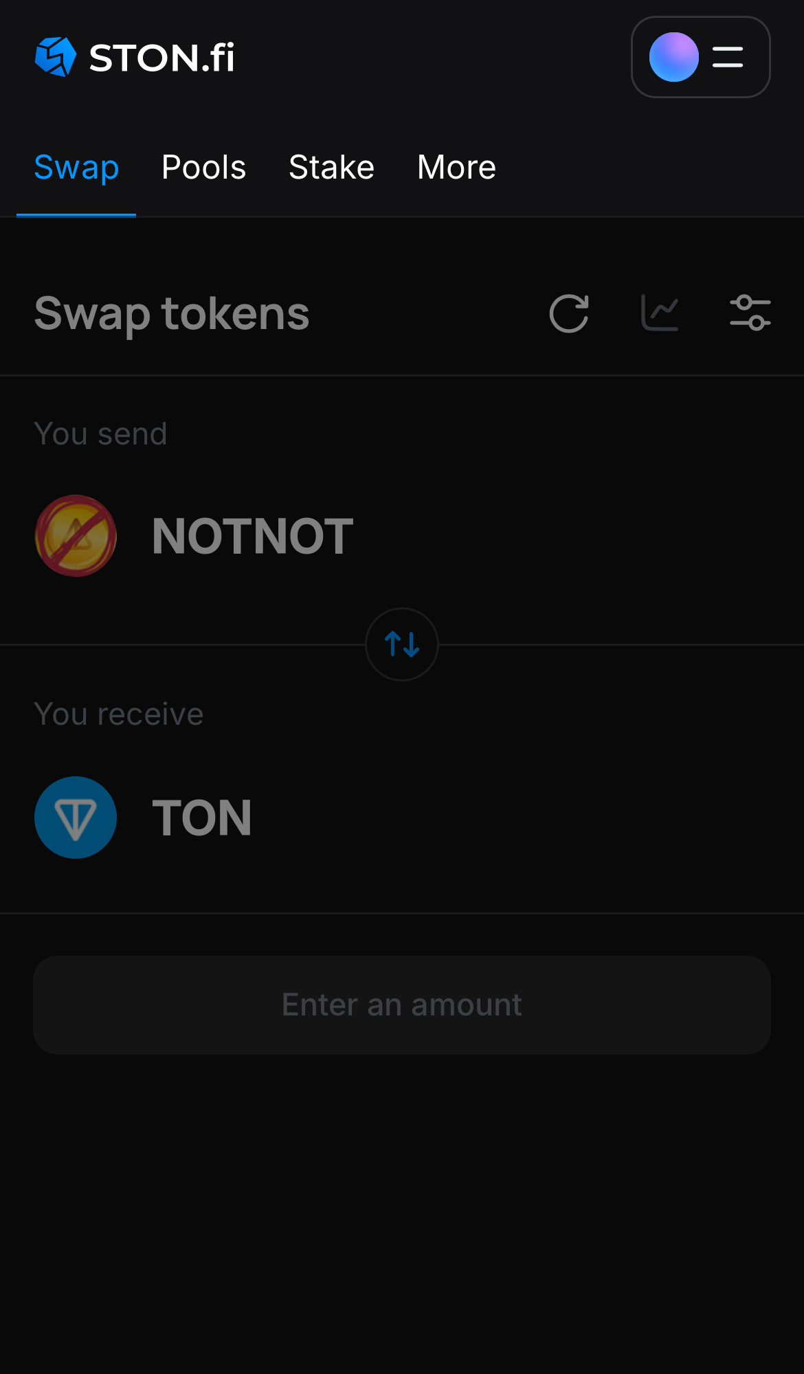 Open the STON.fi app and navigate to the ‘Swap‘ tab.