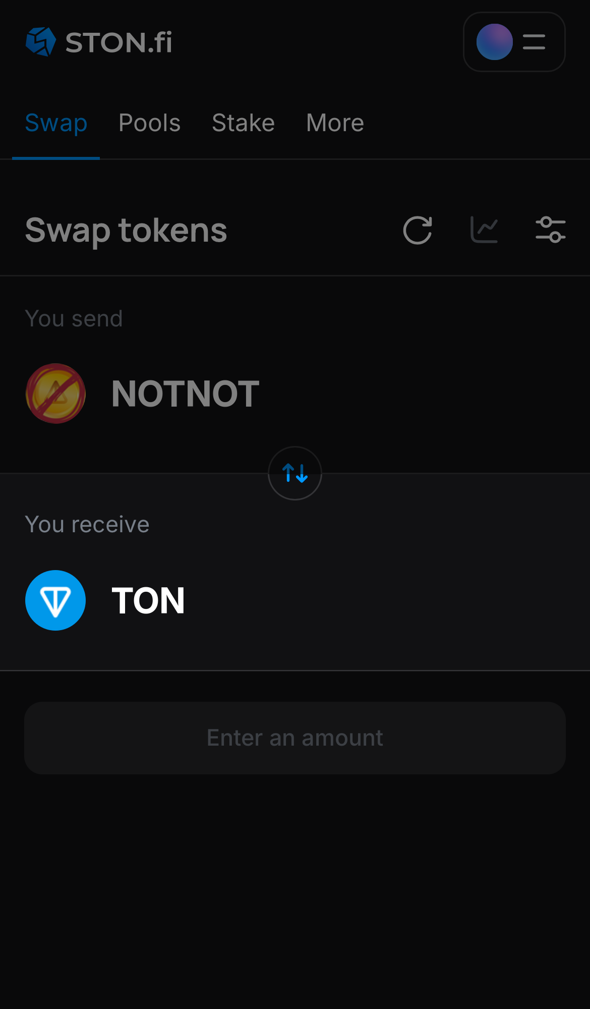 Choose a token in the ‘You receive’ box — for example, TON.