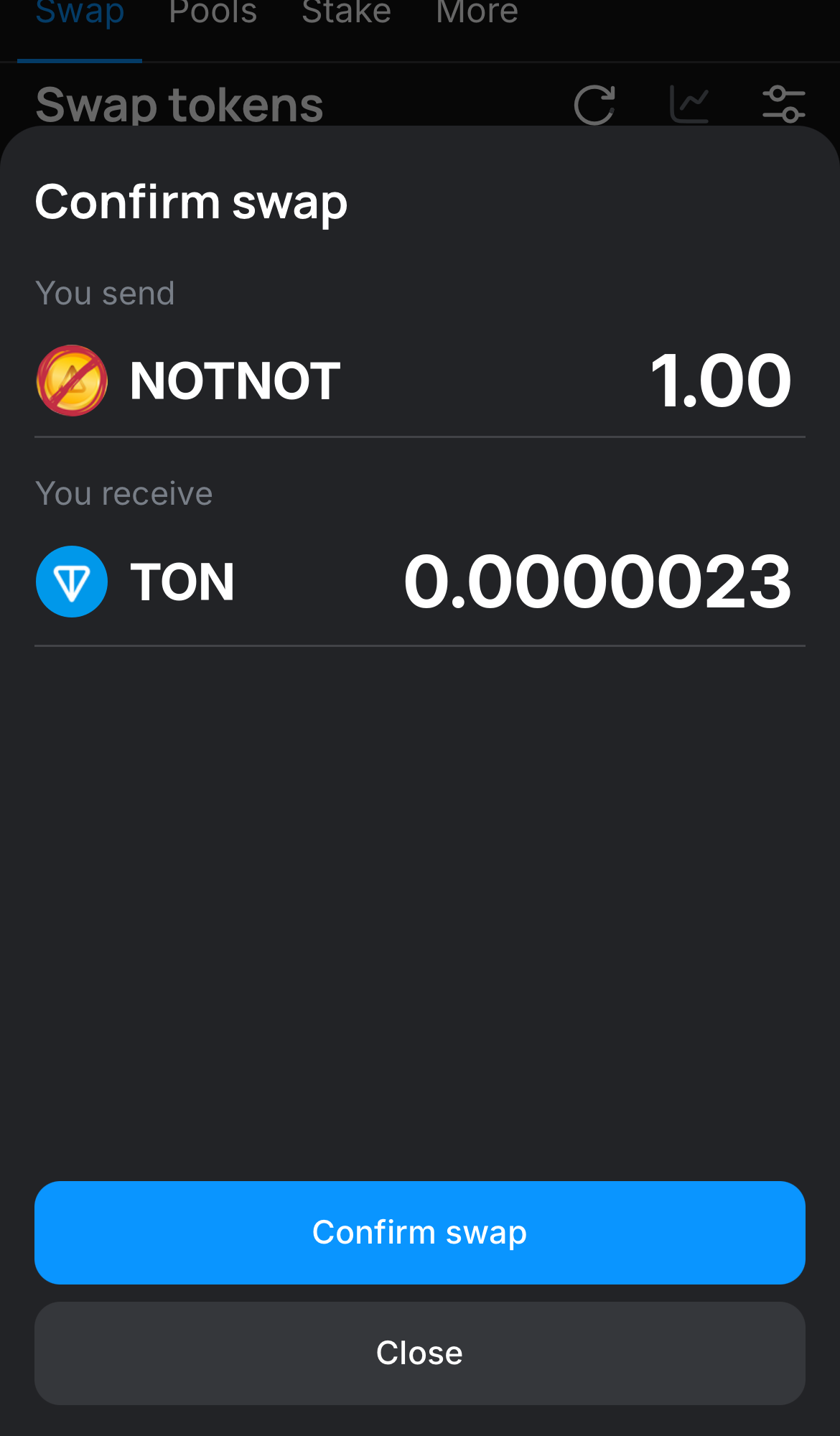Click ‘Swap‘, double-check the details, and confirm the transaction by clicking the ‘Confirm swap‘ button.