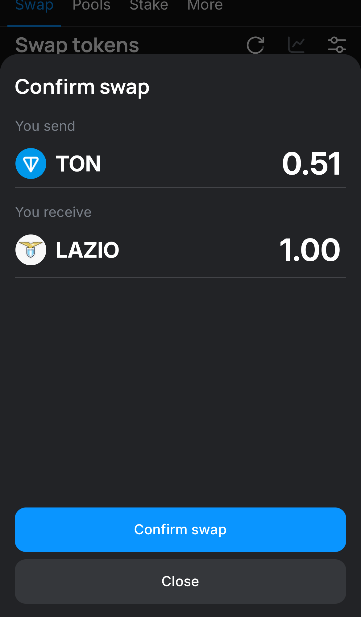 Click ‘Swap‘, double-check the details, and confirm the transaction by clicking the ‘Confirm swap‘ button.