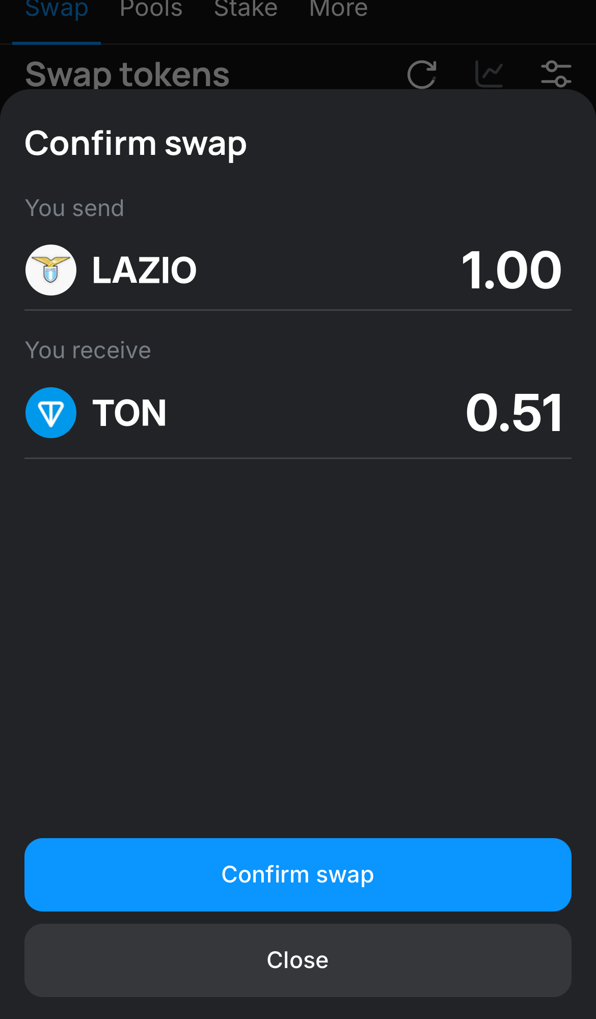 Click ‘Swap‘, double-check the details, and confirm the transaction by clicking the ‘Confirm swap‘ button.