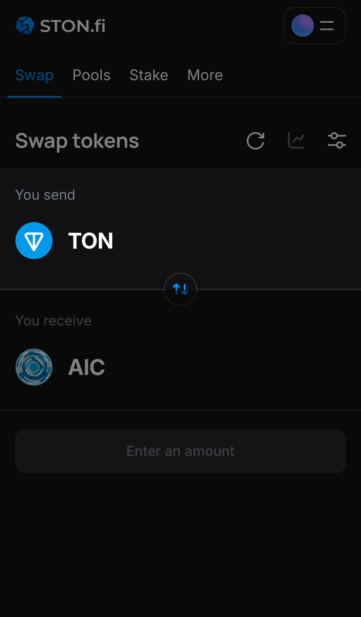 Choose a token in the ‘You send’ box — for example, TON.