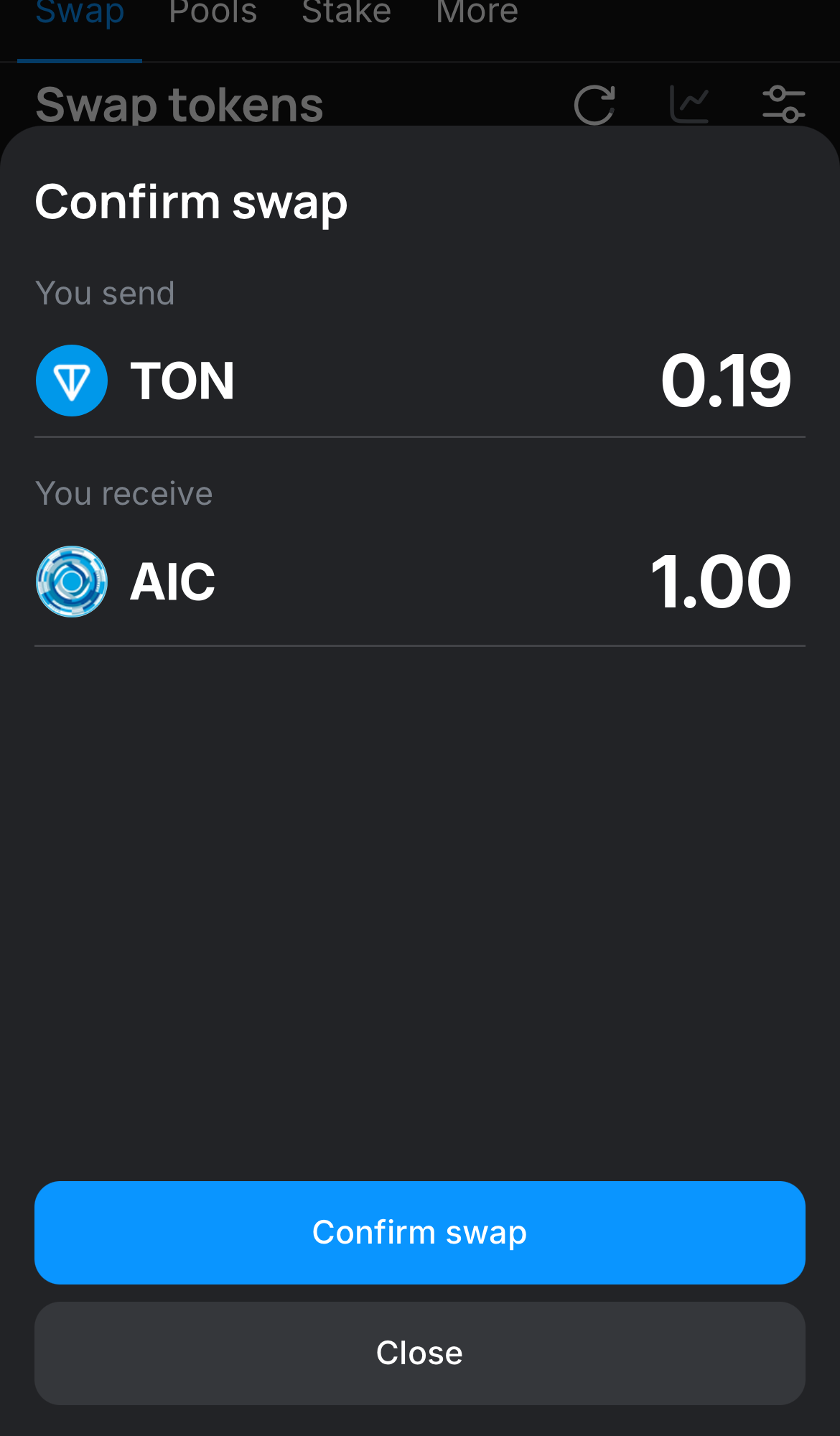 Click ‘Swap‘, double-check the details, and confirm the transaction by clicking the ‘Confirm swap‘ button.