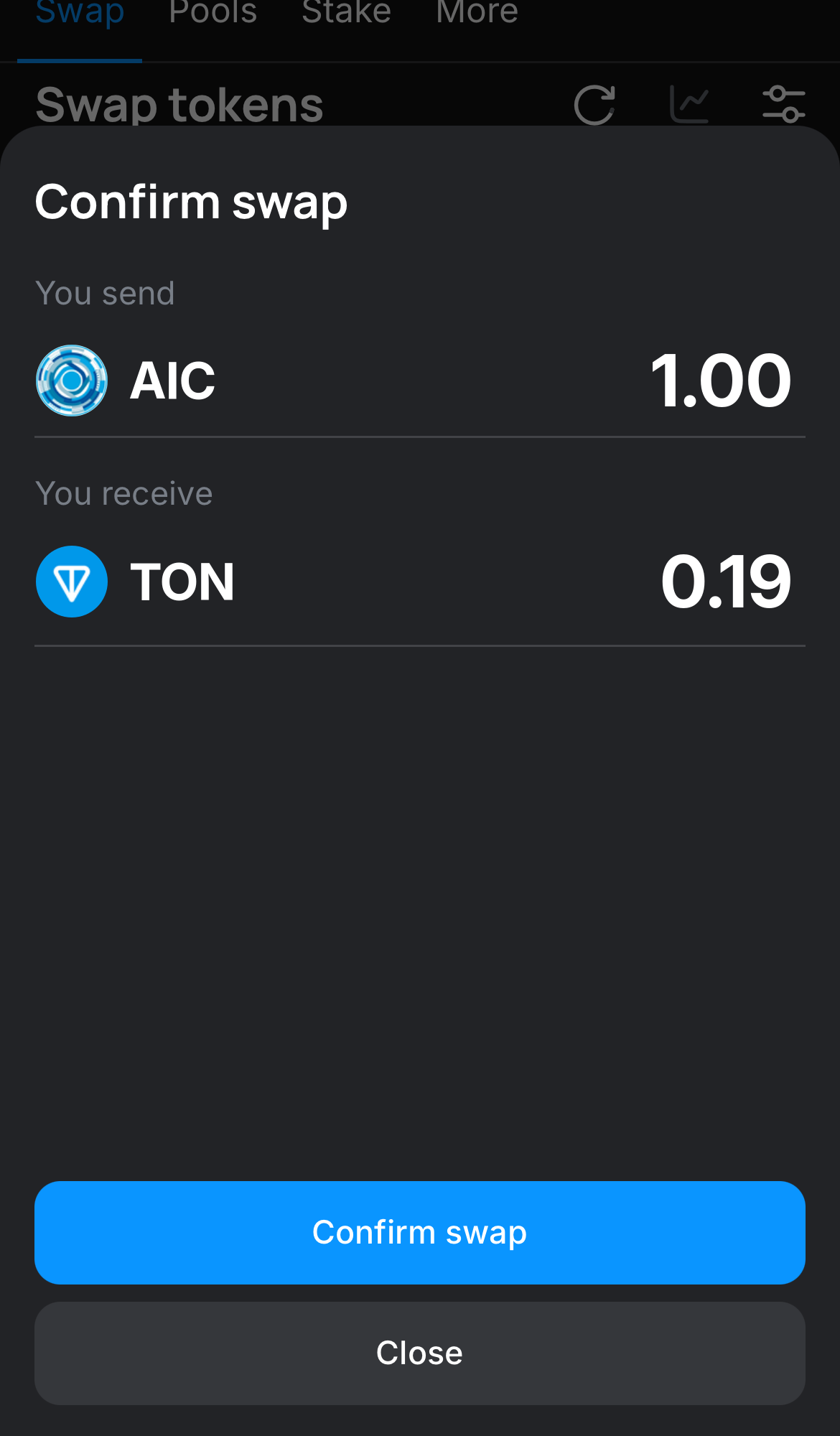 Click ‘Swap‘, double-check the details, and confirm the transaction by clicking the ‘Confirm swap‘ button.