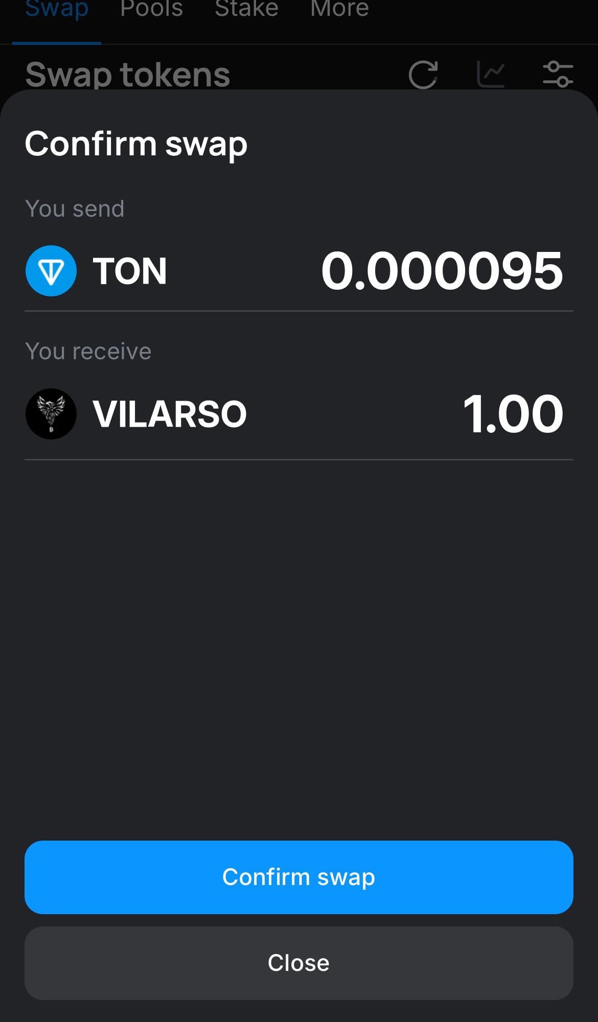 Click ‘Swap‘, double-check the details, and confirm the transaction by clicking the ‘Confirm swap‘ button.
