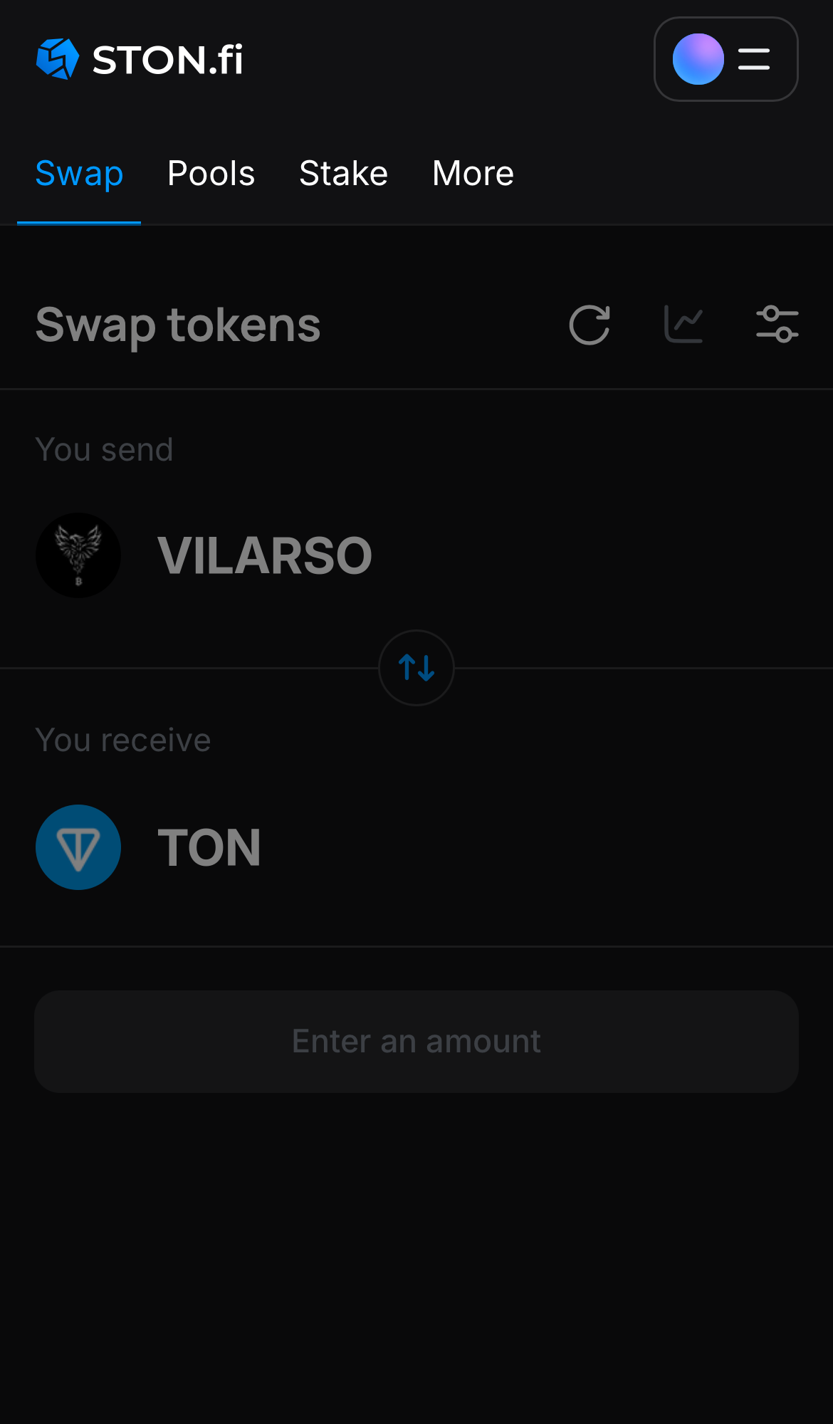 Open the STON.fi app and navigate to the ‘Swap‘ tab.