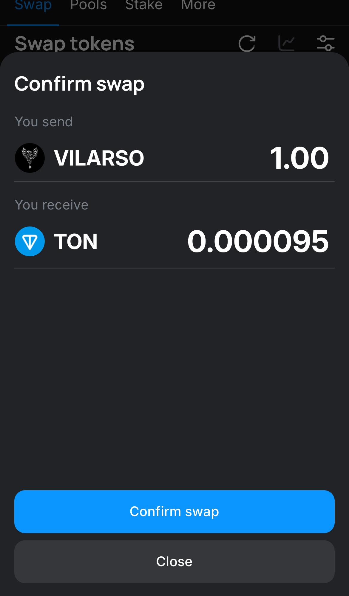 Click ‘Swap‘, double-check the details, and confirm the transaction by clicking the ‘Confirm swap‘ button.