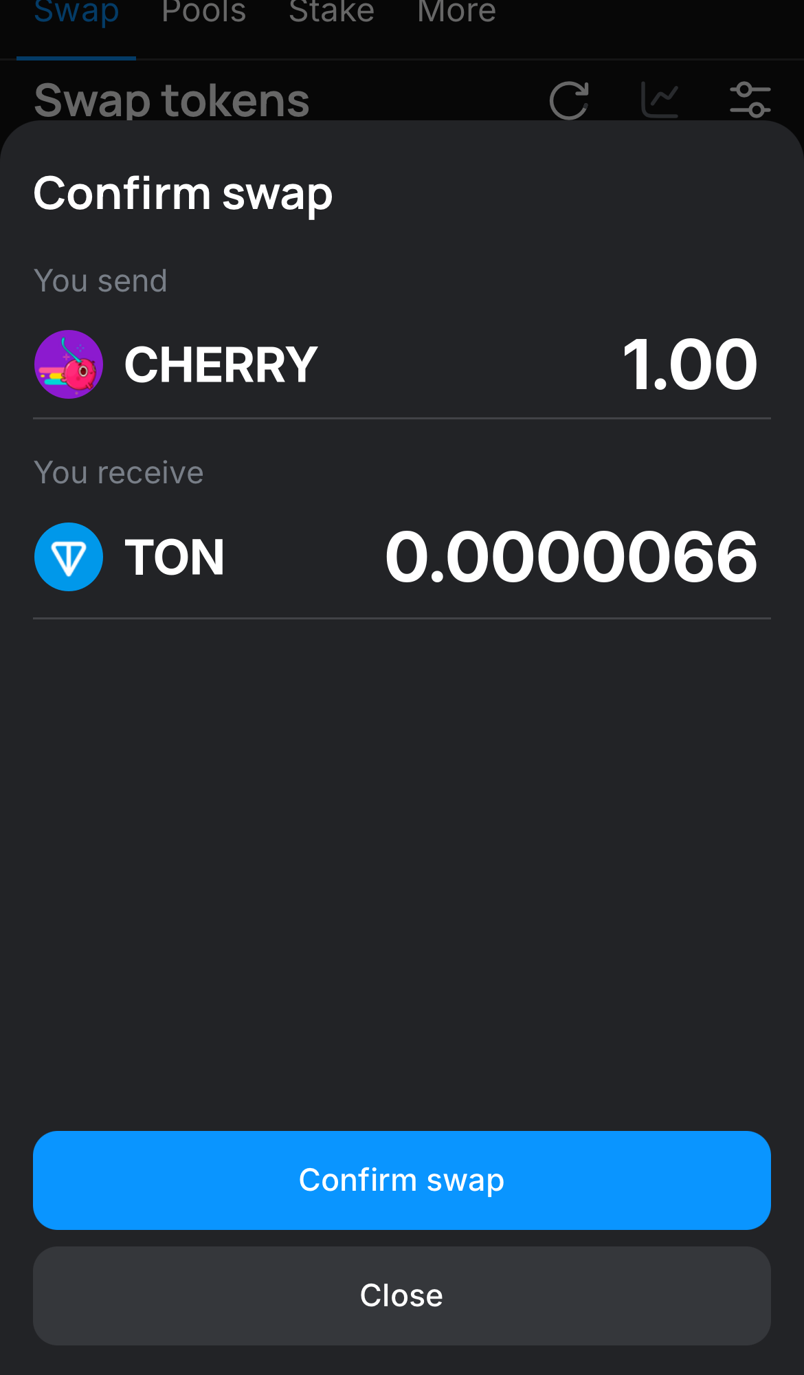 Cliquez sur ‘Swap‘, vérifiez les détails, puis confirmez la transaction en cliquant sur le bouton ‘Confirm swap‘.