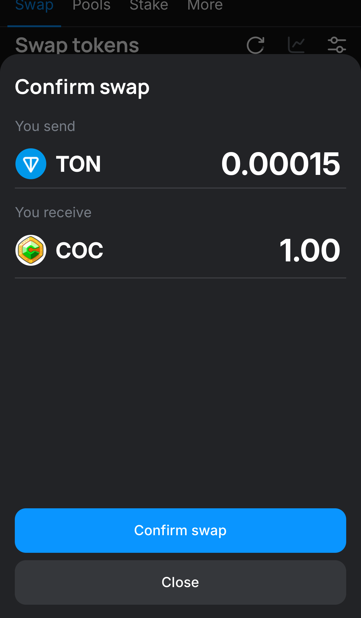 Haz clic en ‘Swap‘, revisa los detalles y confirma la transacción haciendo clic en el botón ‘Confirm swap‘.