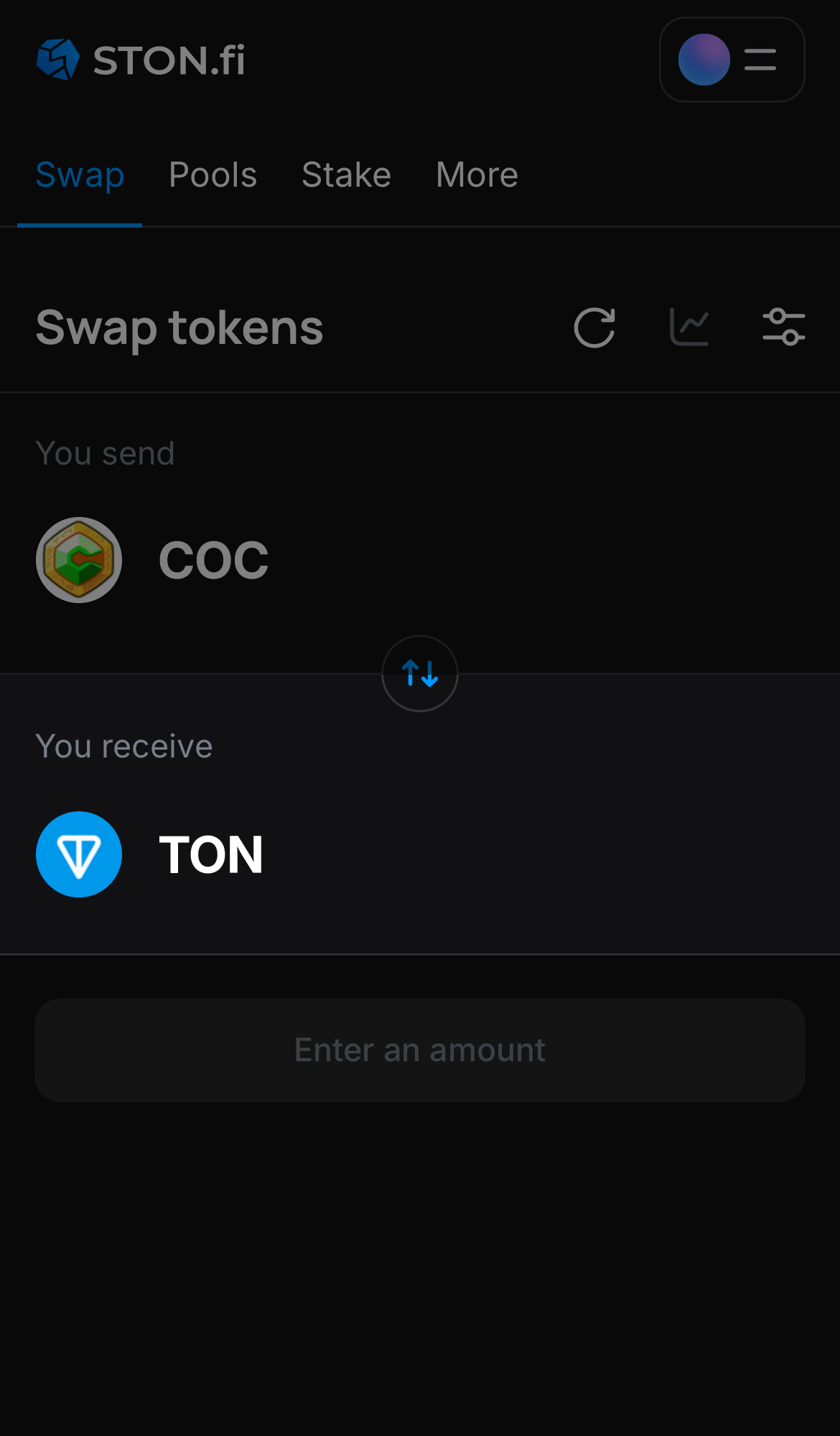 Elige un token en la casilla ‘You receive’ — por ejemplo, TON.