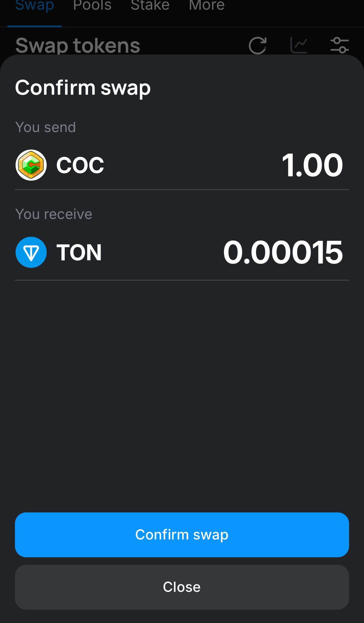 Haz clic en ‘Swap‘, revisa los detalles y confirma la transacción haciendo clic en el botón ‘Confirm swap‘.