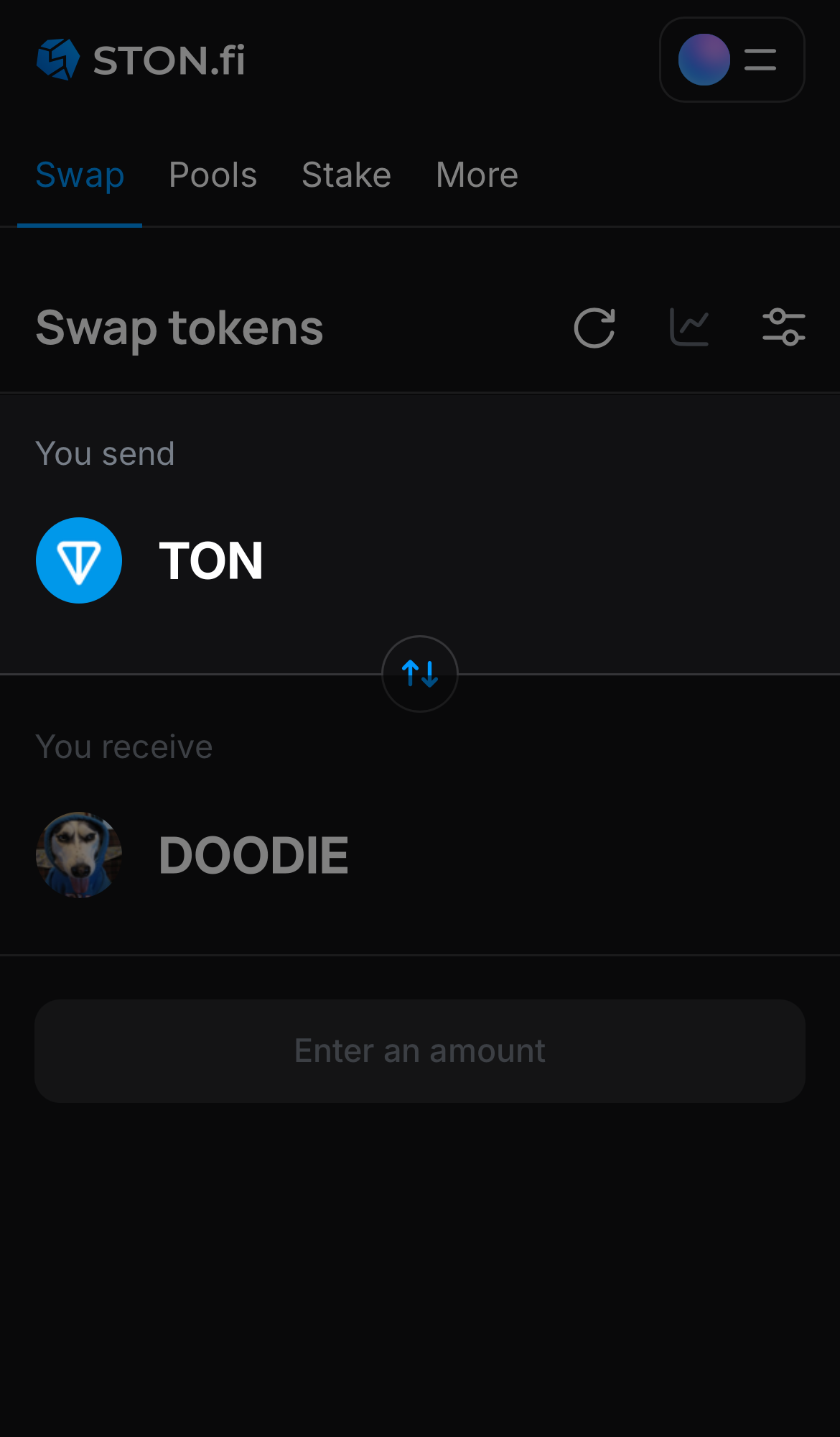 Choose a token in the ‘You send’ box — for example, TON.
