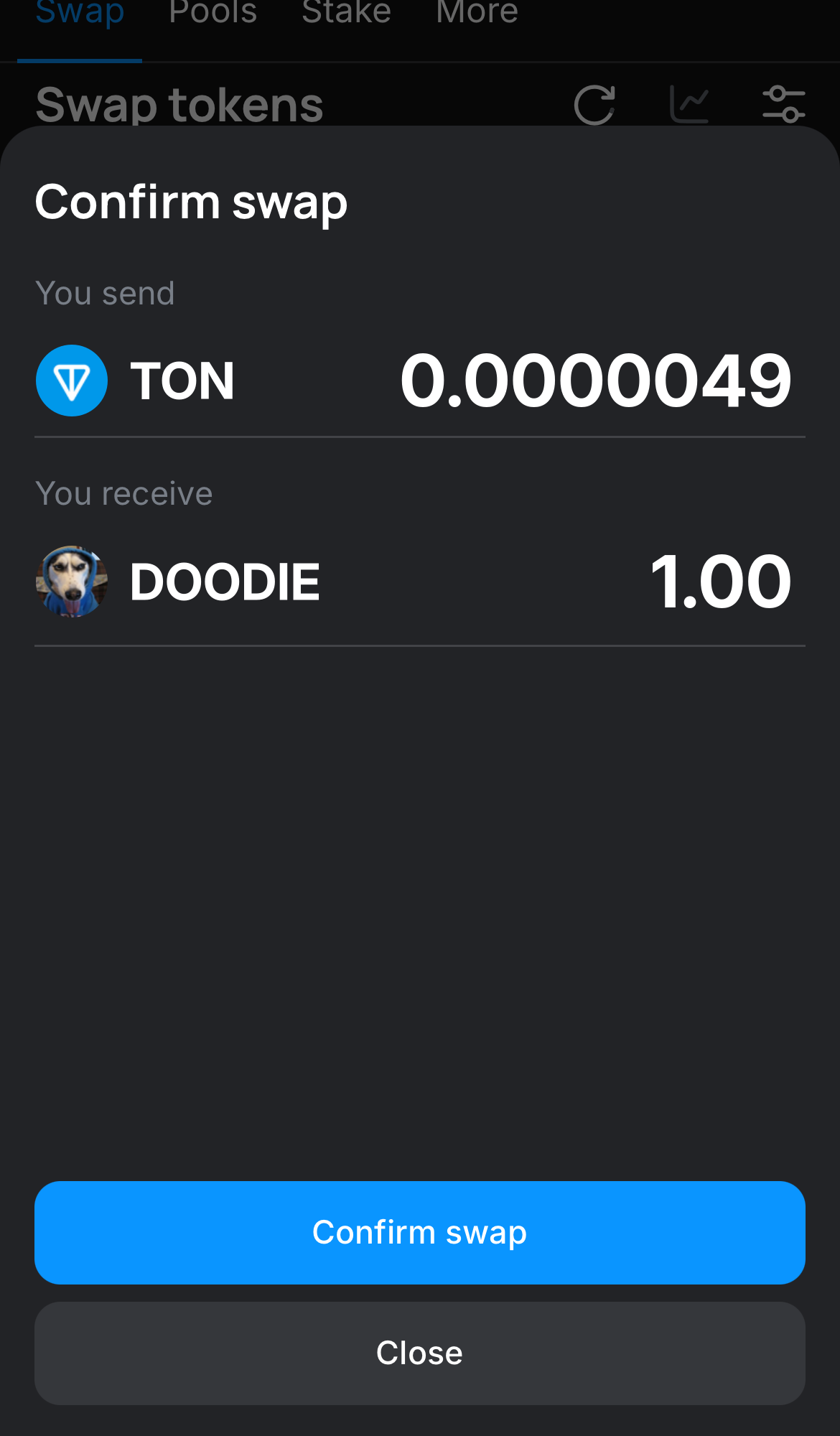 Click ‘Swap‘, double-check the details, and confirm the transaction by clicking the ‘Confirm swap‘ button.