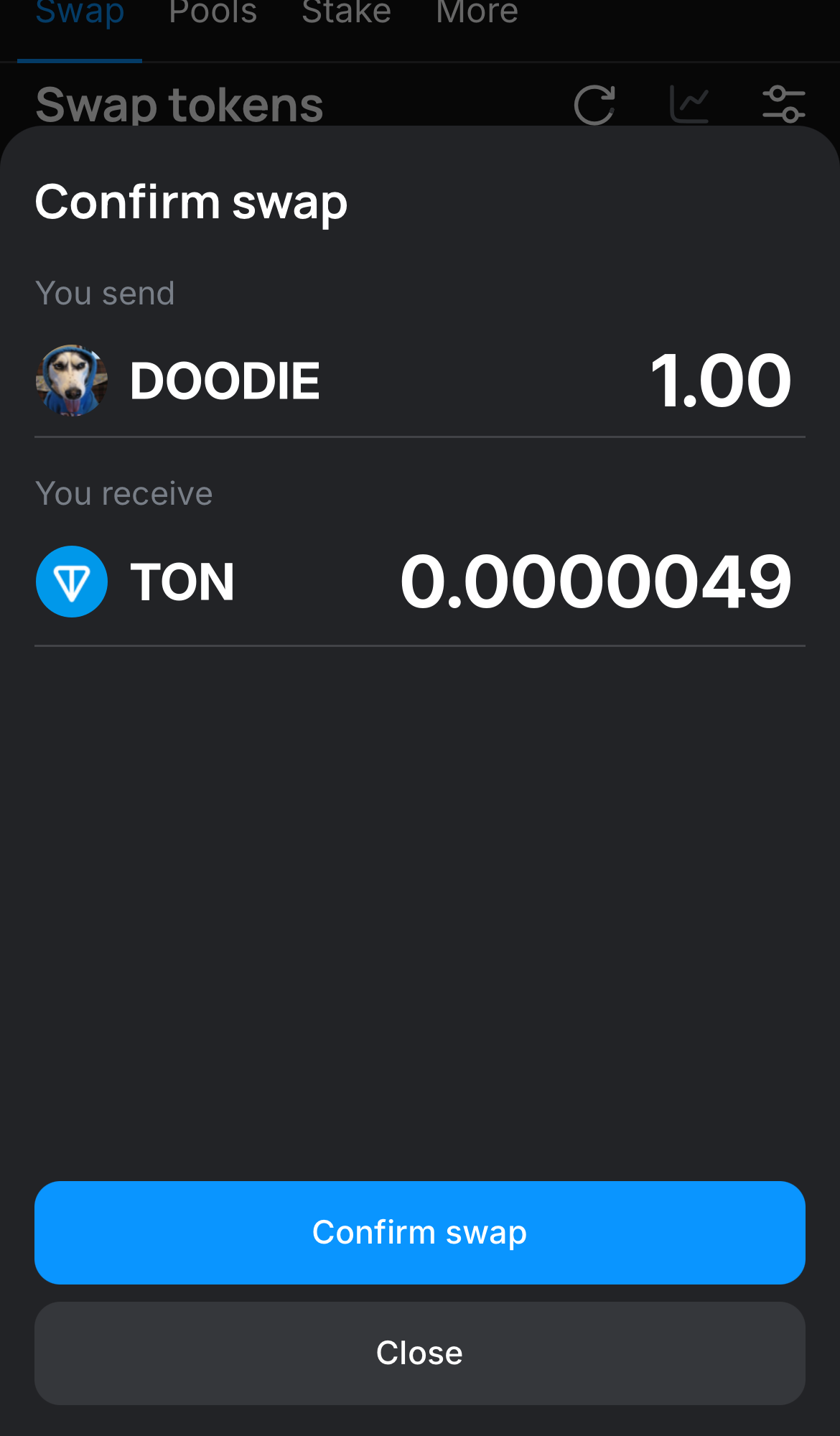 Click ‘Swap‘, double-check the details, and confirm the transaction by clicking the ‘Confirm swap‘ button.