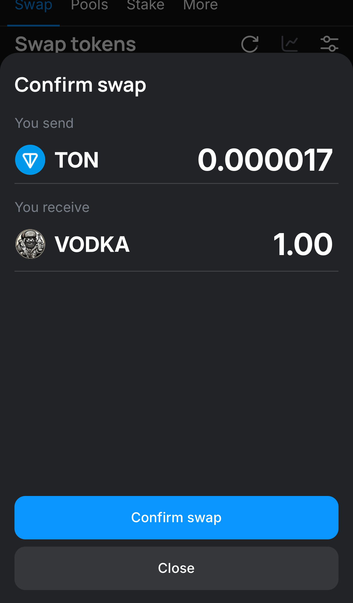 Click ‘Swap‘, double-check the details, and confirm the transaction by clicking the ‘Confirm swap‘ button.