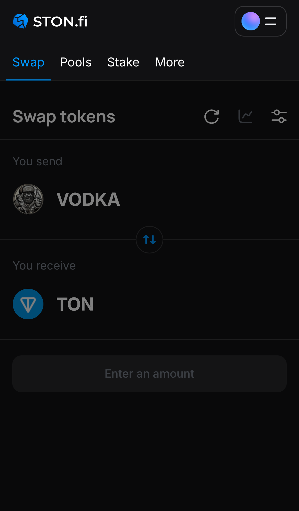 Open the STON.fi app and navigate to the ‘Swap‘ tab.