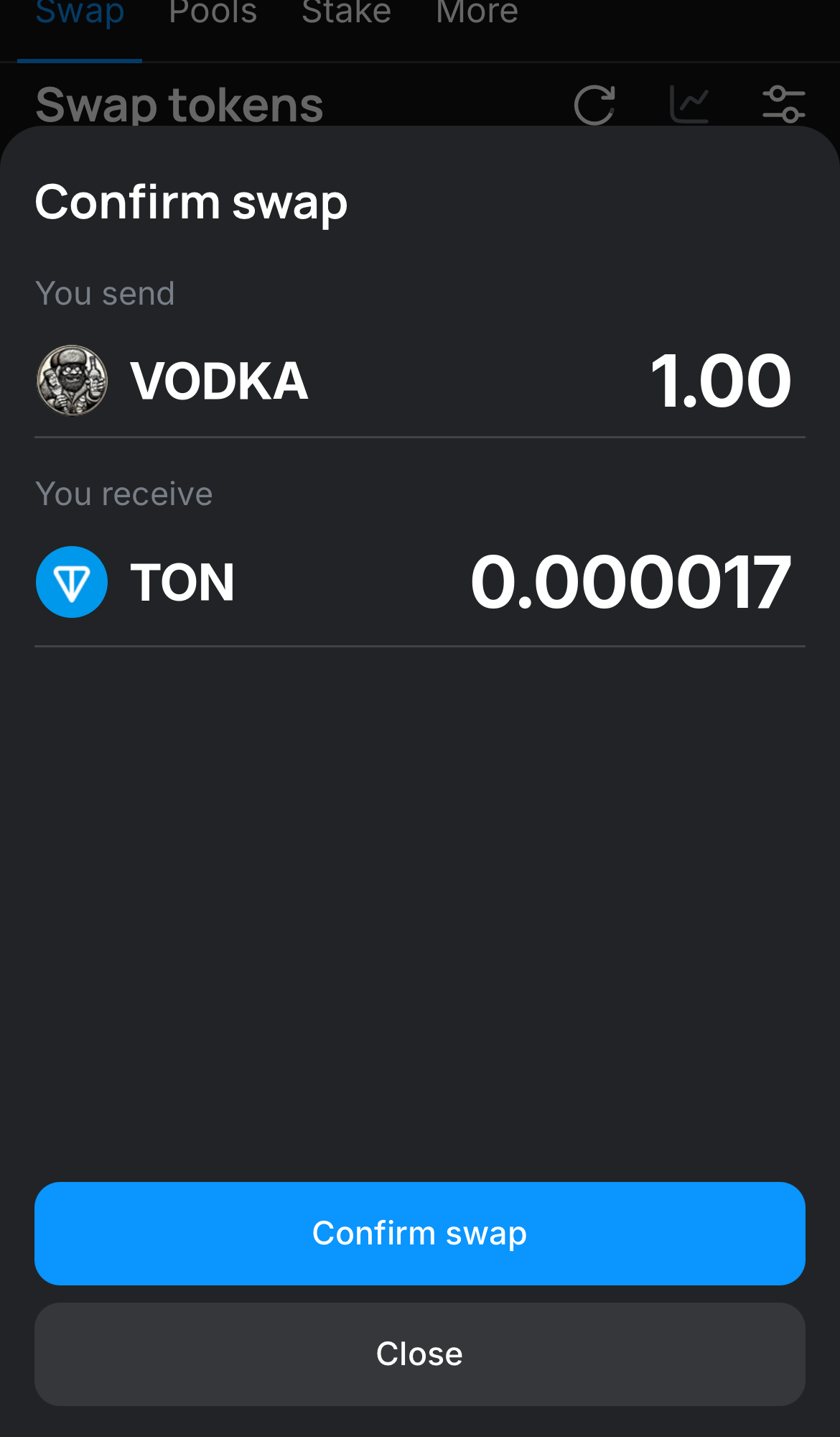 Click ‘Swap‘, double-check the details, and confirm the transaction by clicking the ‘Confirm swap‘ button.