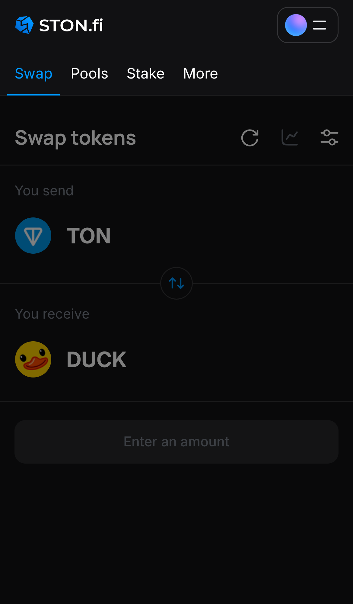Open the STON.fi app and navigate to the ‘Swap‘ tab.