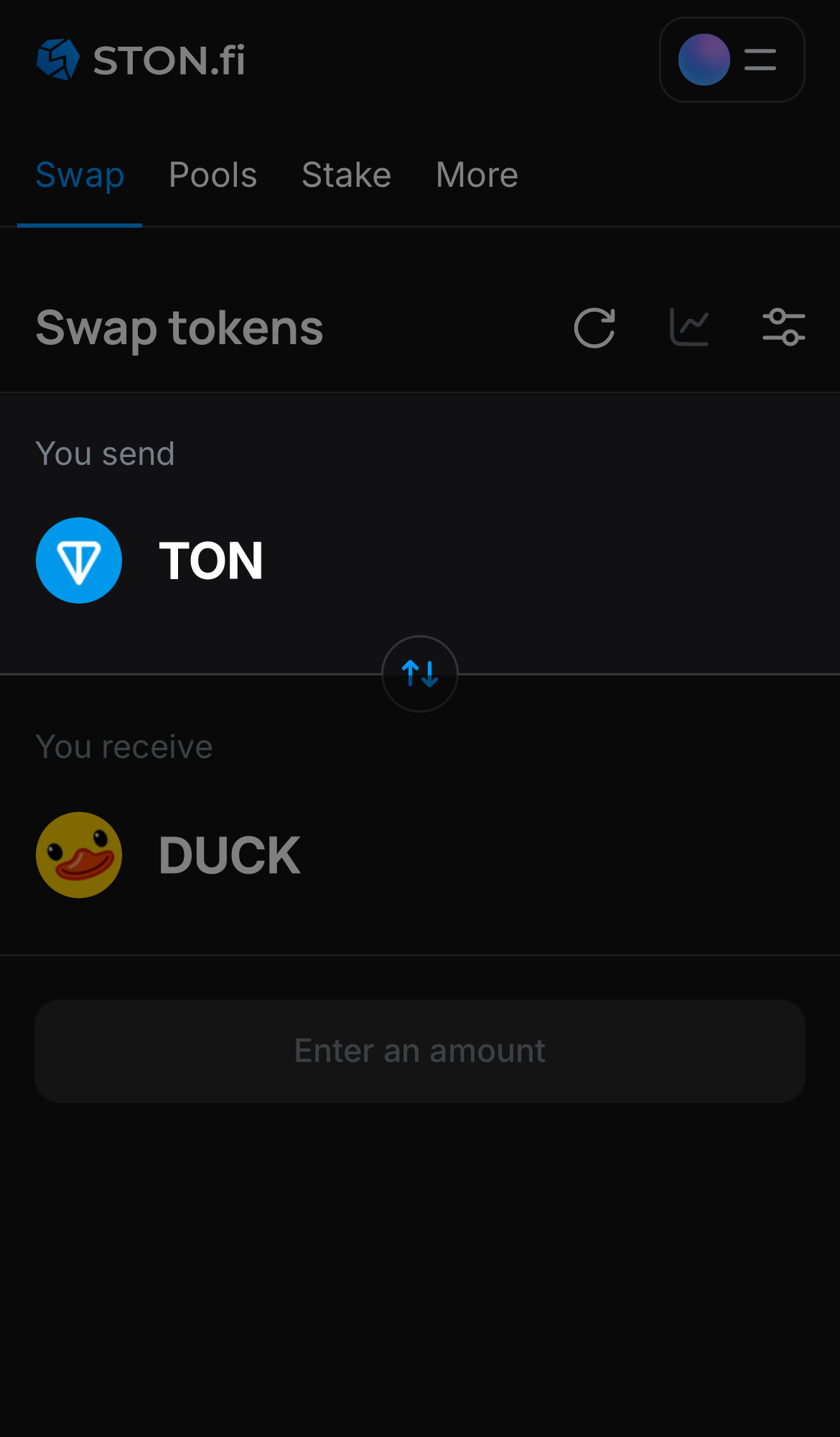 Choose a token in the ‘You send’ box — for example, TON.