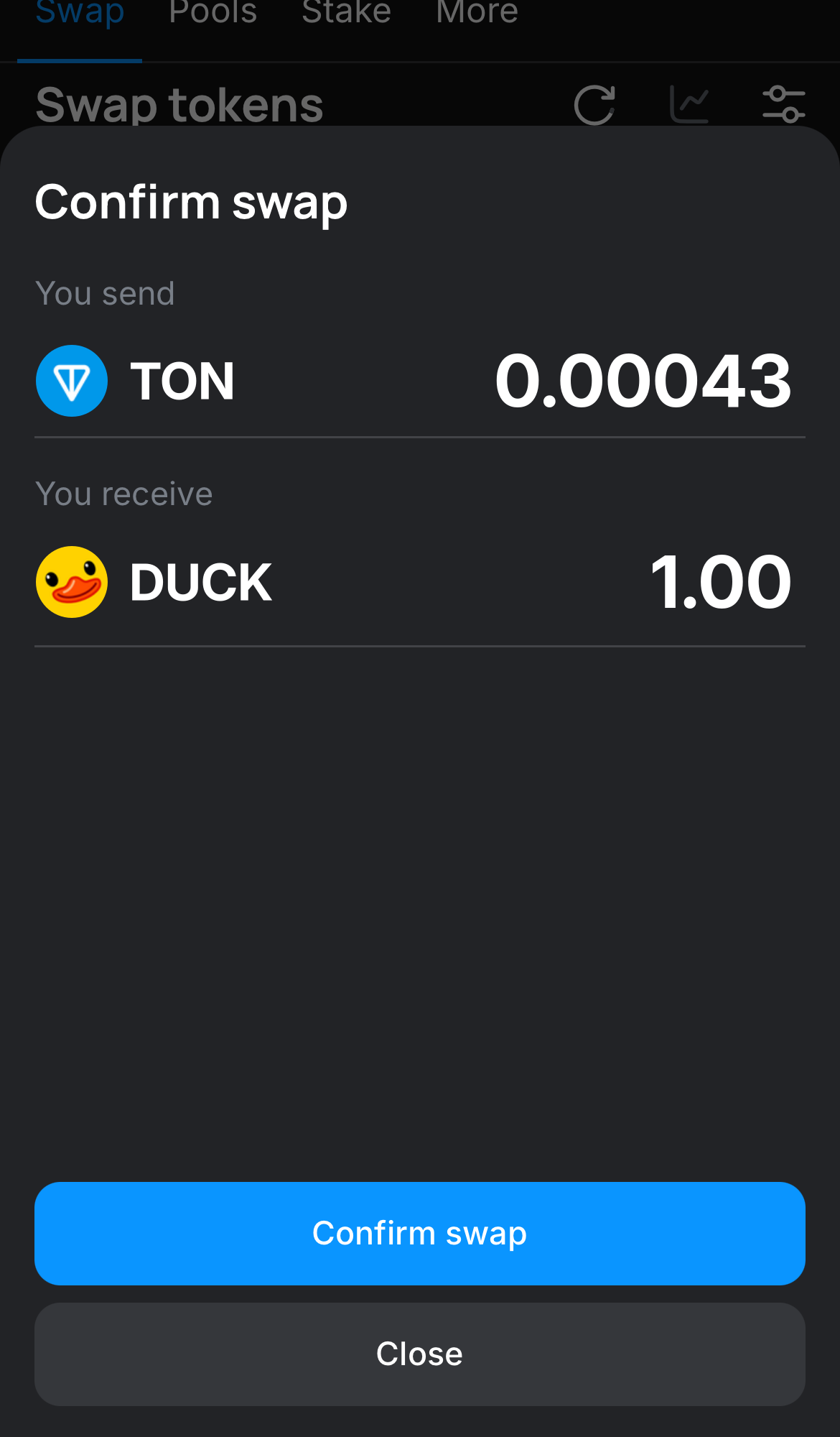 Click ‘Swap‘, double-check the details, and confirm the transaction by clicking the ‘Confirm swap‘ button.