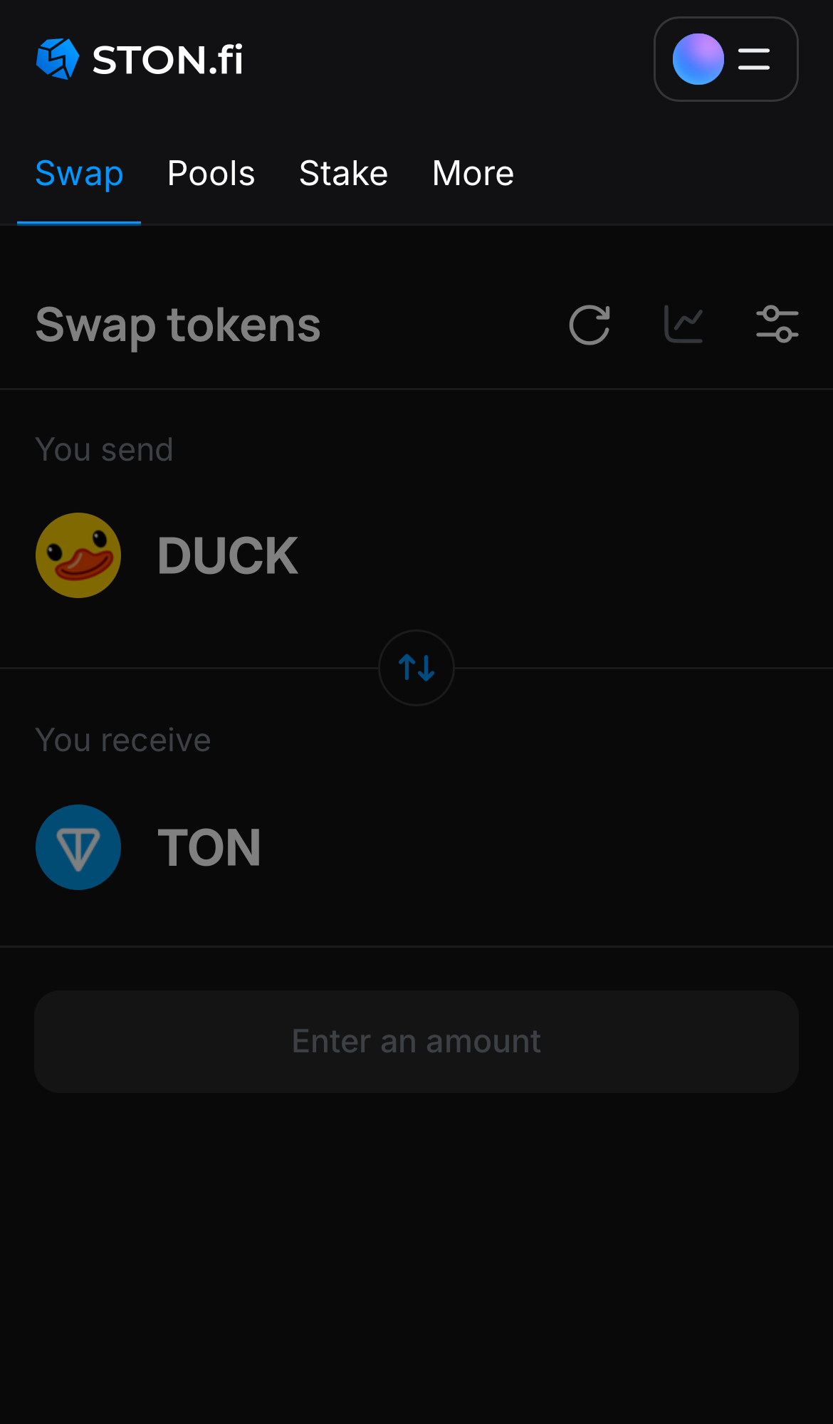 Open the STON.fi app and navigate to the ‘Swap‘ tab.