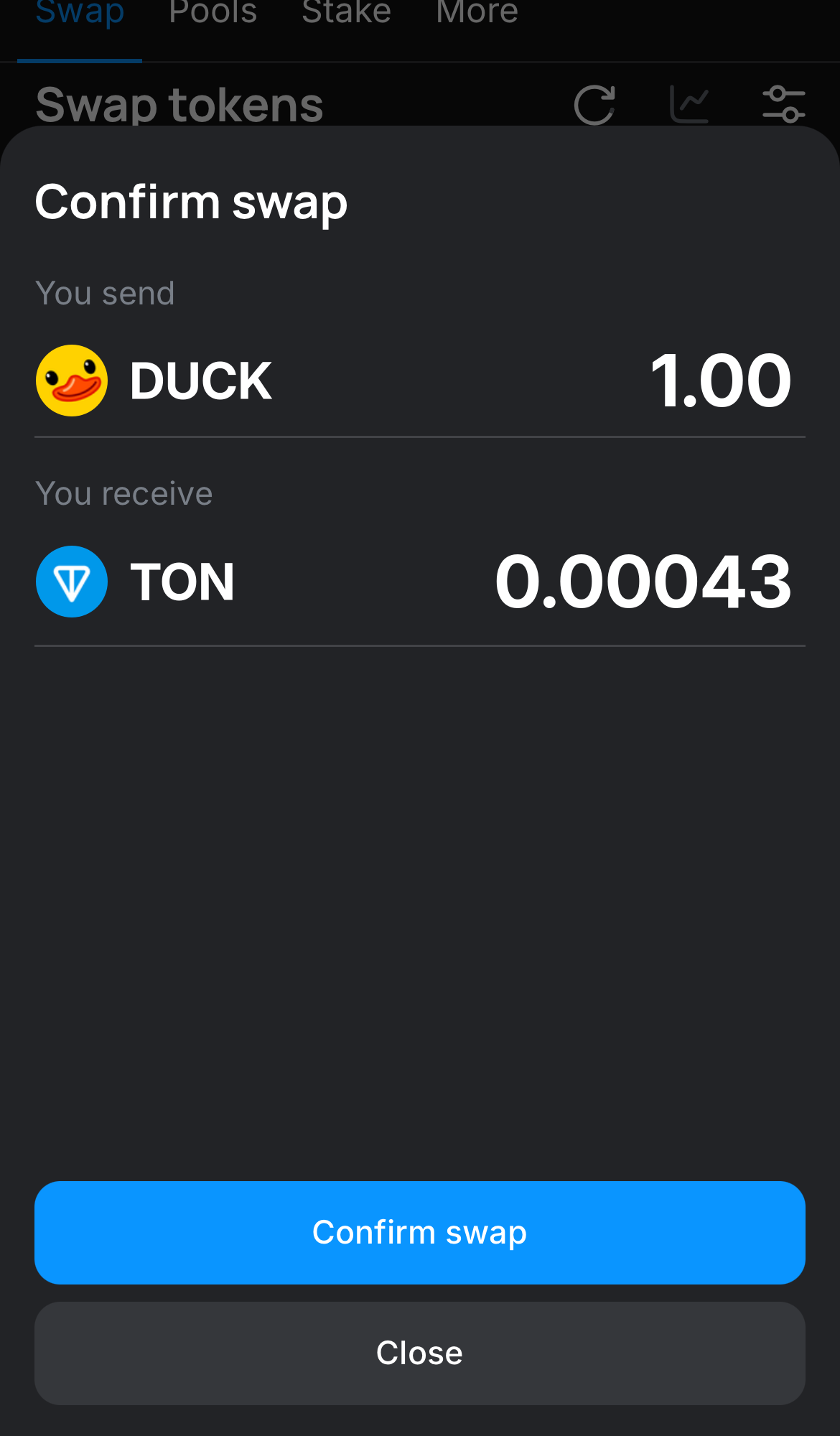 Click ‘Swap‘, double-check the details, and confirm the transaction by clicking the ‘Confirm swap‘ button.