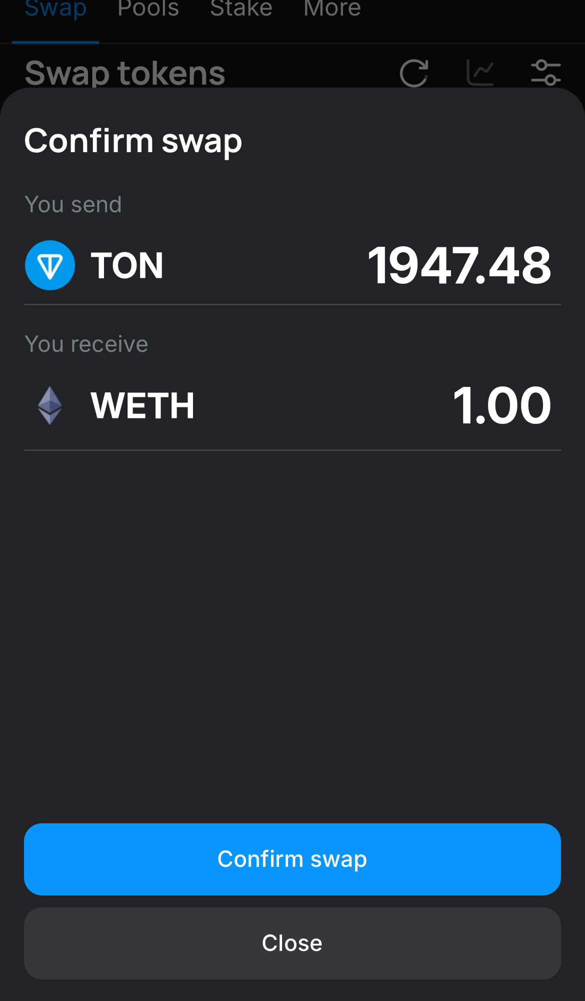 Нажмите на «Swap», дважды проверьте всю информацию и нажмите на кнопку «Confirm swap», чтобы подтвердить транзакцию.