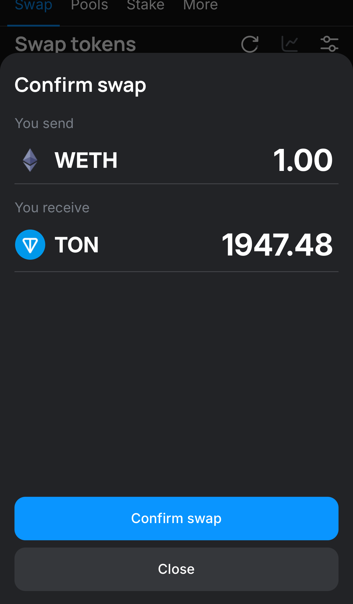 Нажмите на «Swap», дважды проверьте всю информацию и нажмите на кнопку «Confirm swap», чтобы подтвердить транзакцию.