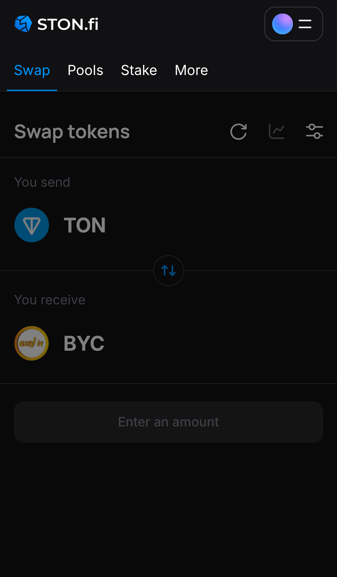 Abre la aplicación STON.fi y dirígete a la pestaña ‘Swap‘.