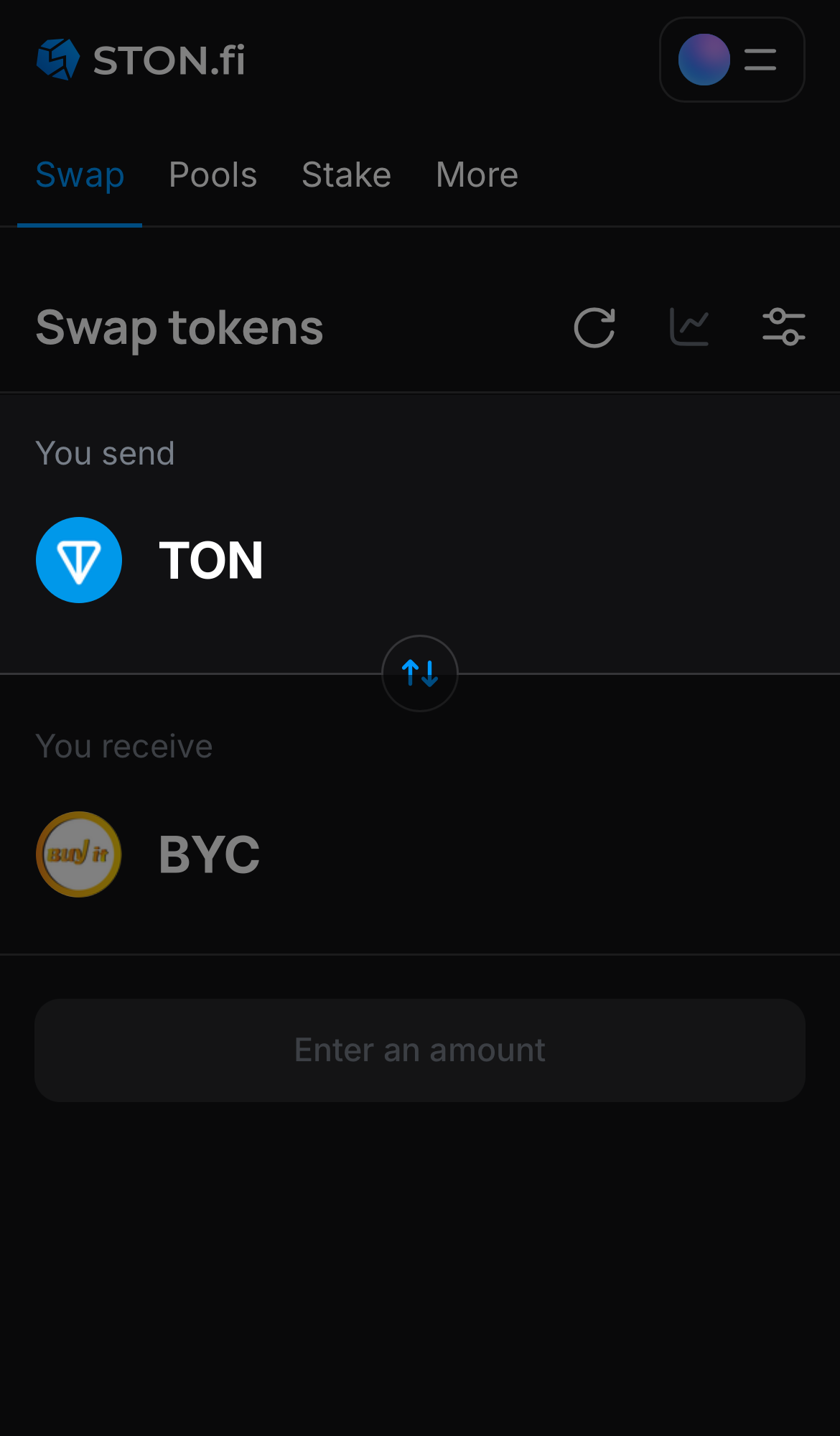 Elige un token en la casilla ‘You send’ — por ejemplo, TON.