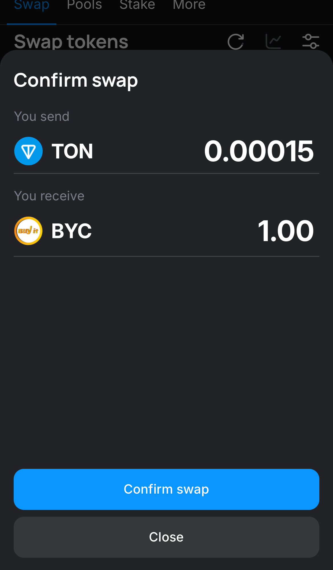 Haz clic en ‘Swap‘, revisa los detalles y confirma la transacción haciendo clic en el botón ‘Confirm swap‘.