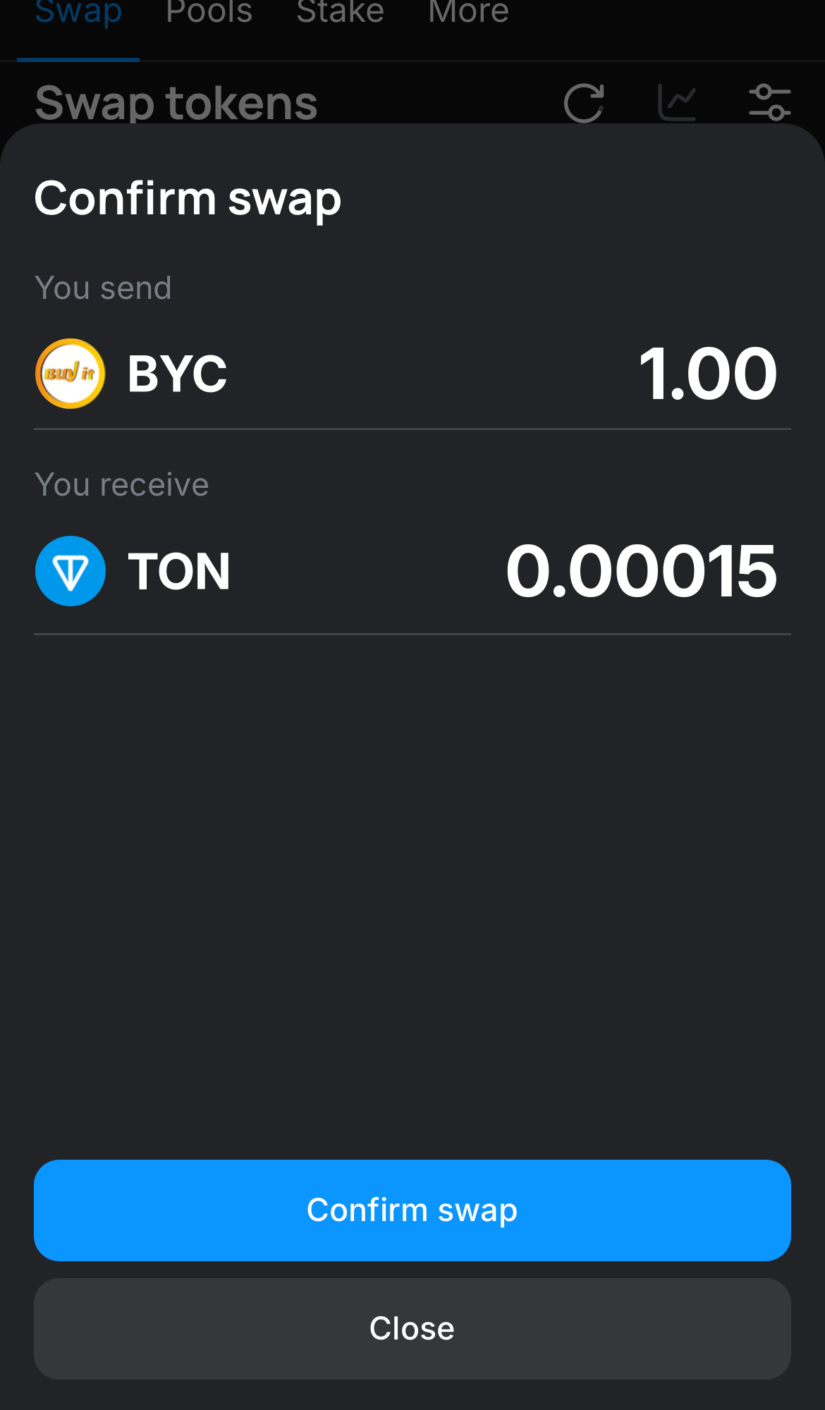Haz clic en ‘Swap‘, revisa los detalles y confirma la transacción haciendo clic en el botón ‘Confirm swap‘.