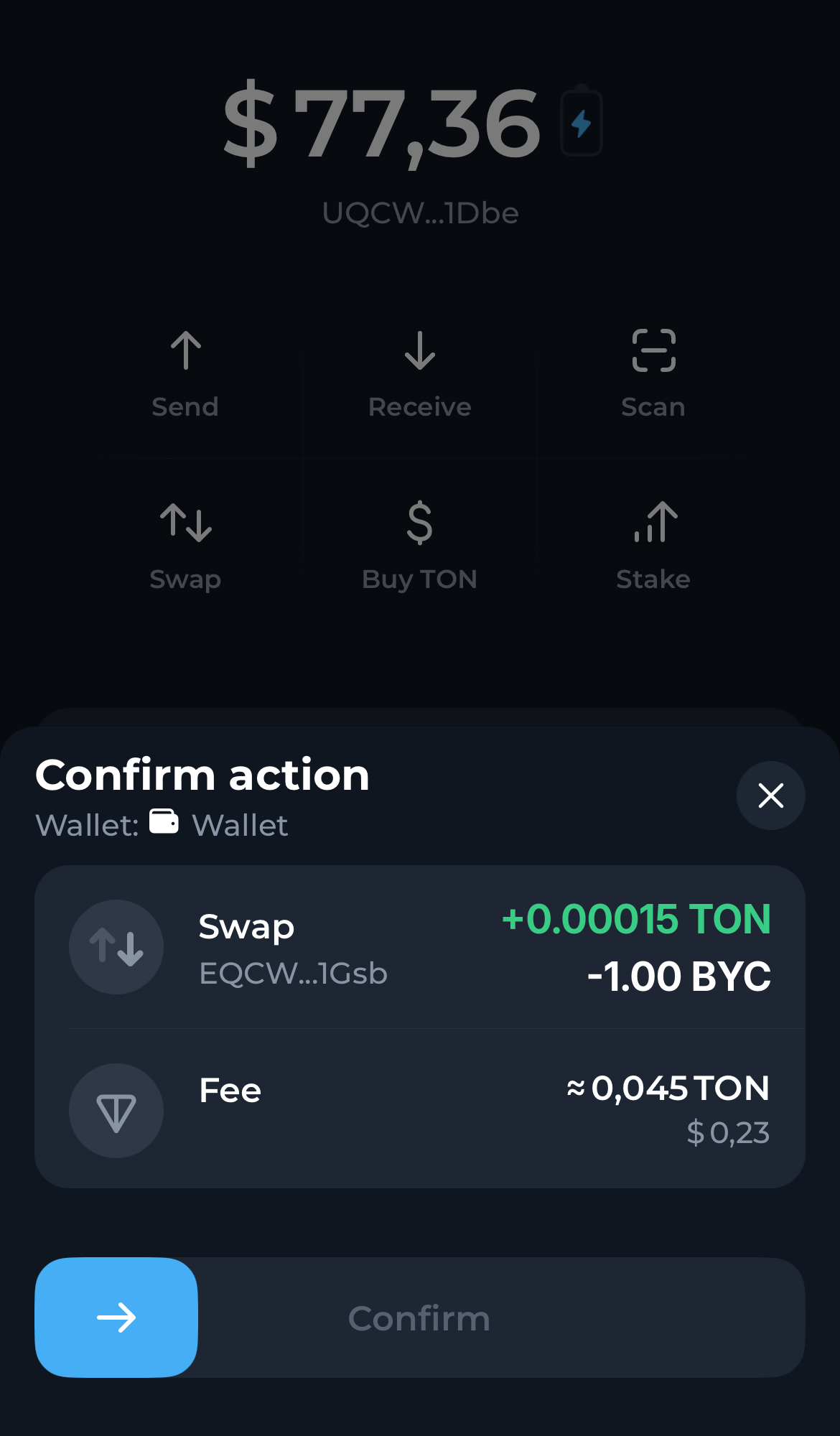 Confirma el swap en la notificación emergente en tu wallet. En pocos segundos, los tokens TON que adquiriste aparecerán en tu wallet, visibles en la página principal de activos.